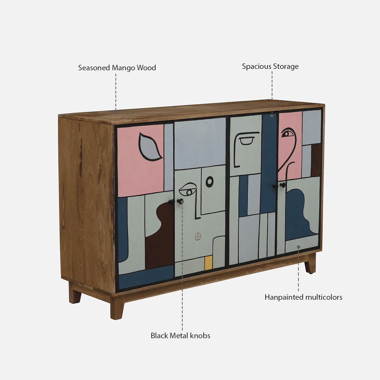 Tulisa Mango Wood Hand Painted Multicolor 4 Door Cabinet In Natural Finish