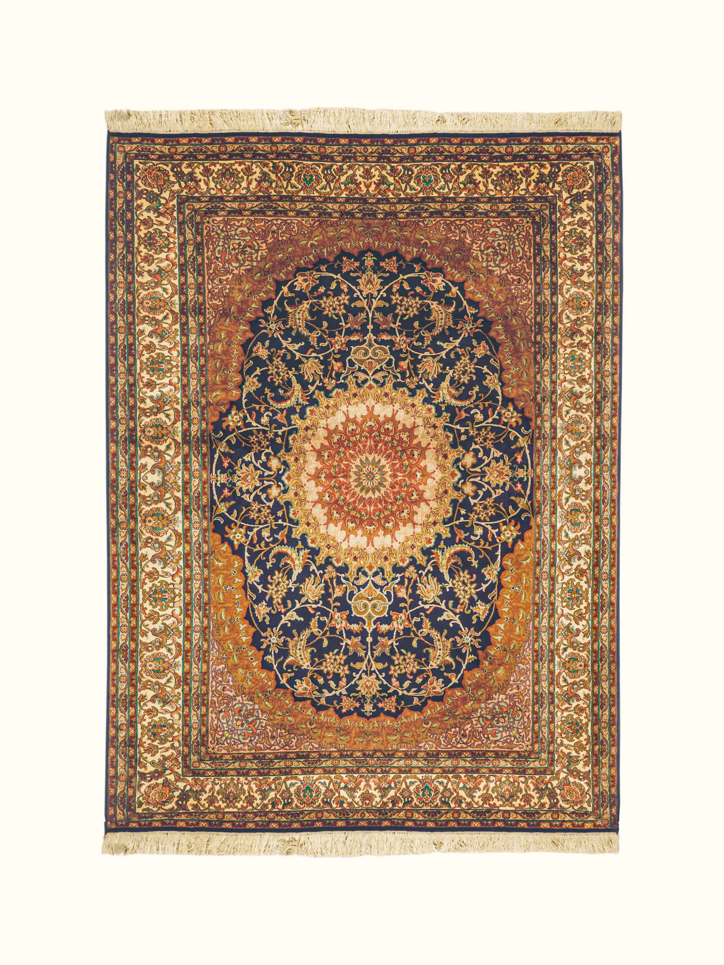 Traditional Persian Navy Rust Isfahan Kashmir Silk Hand-Knotted Carpet