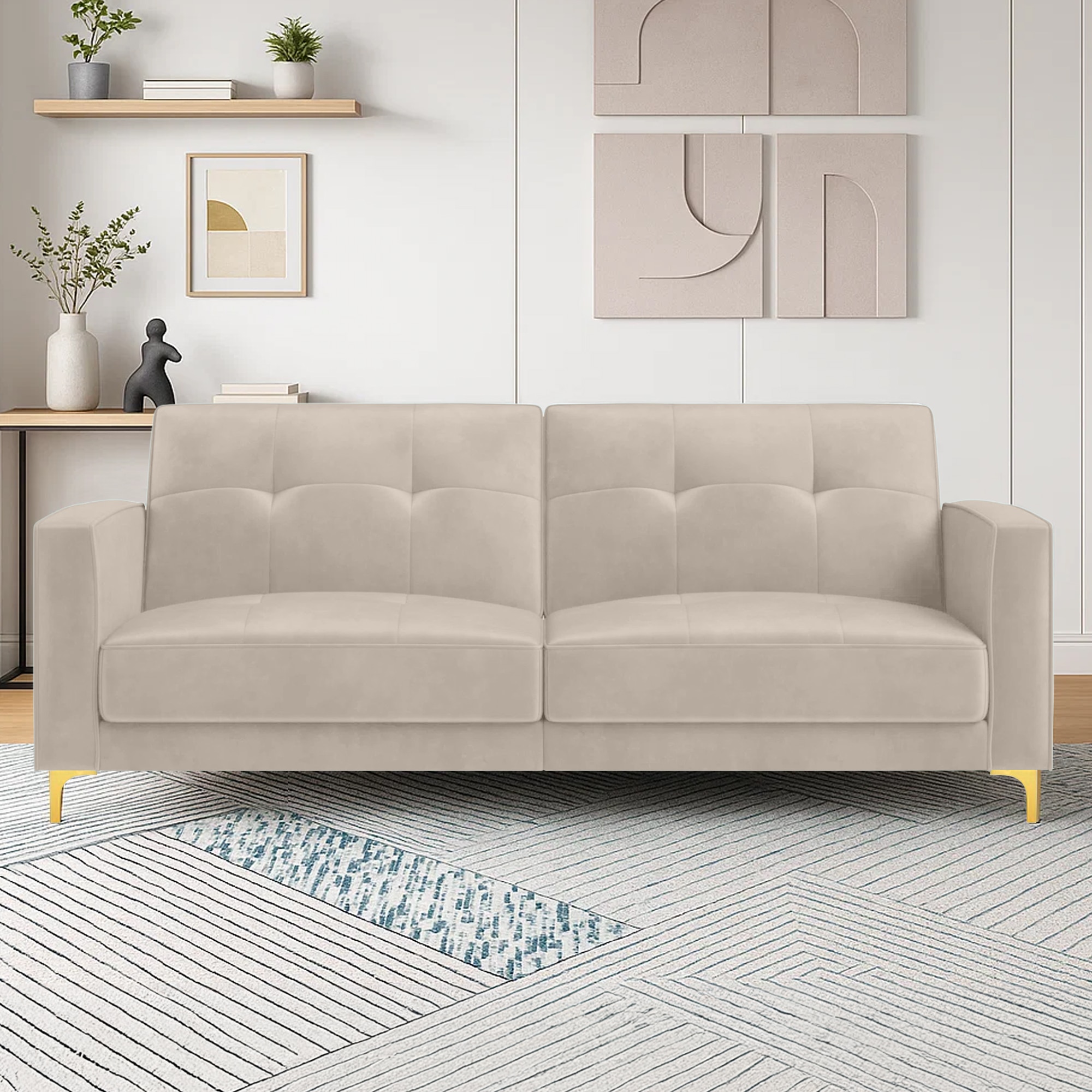 Novelle 3 Seater Velvet Sofa Cum Bed in Cream colour