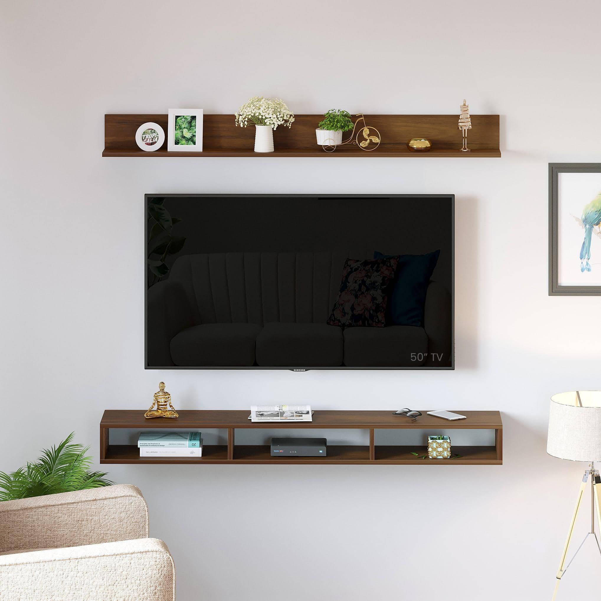 Kunsua Engineering Wood Wall Mount Tv Entertainment Unit In Brown Maple Finish