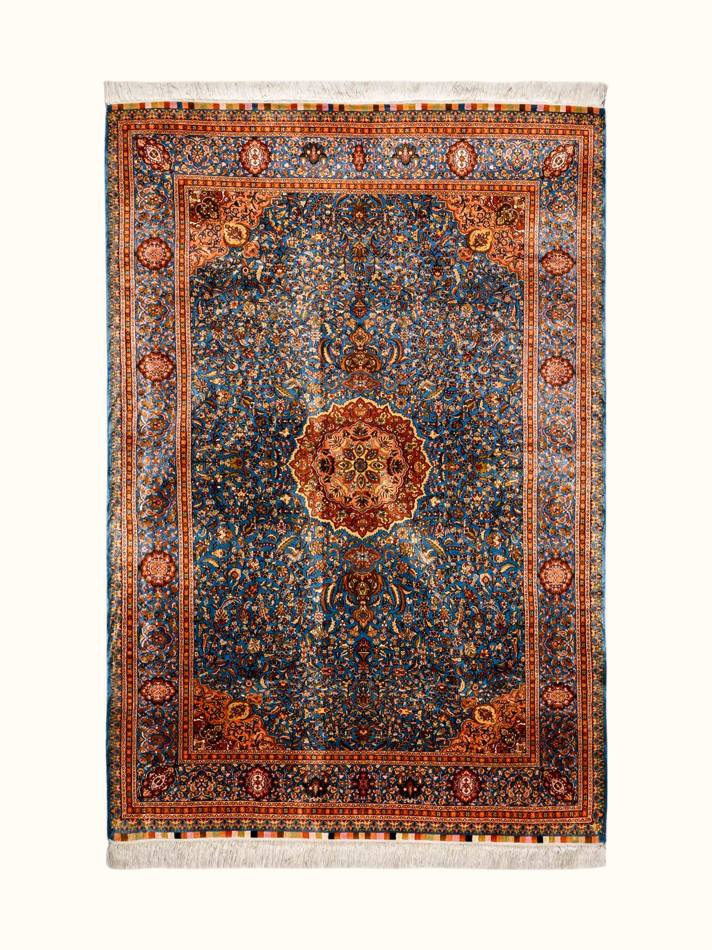 Traditional Persian Azure Rust Isfahan Kashmir Silk Hand-Knotted Carpet