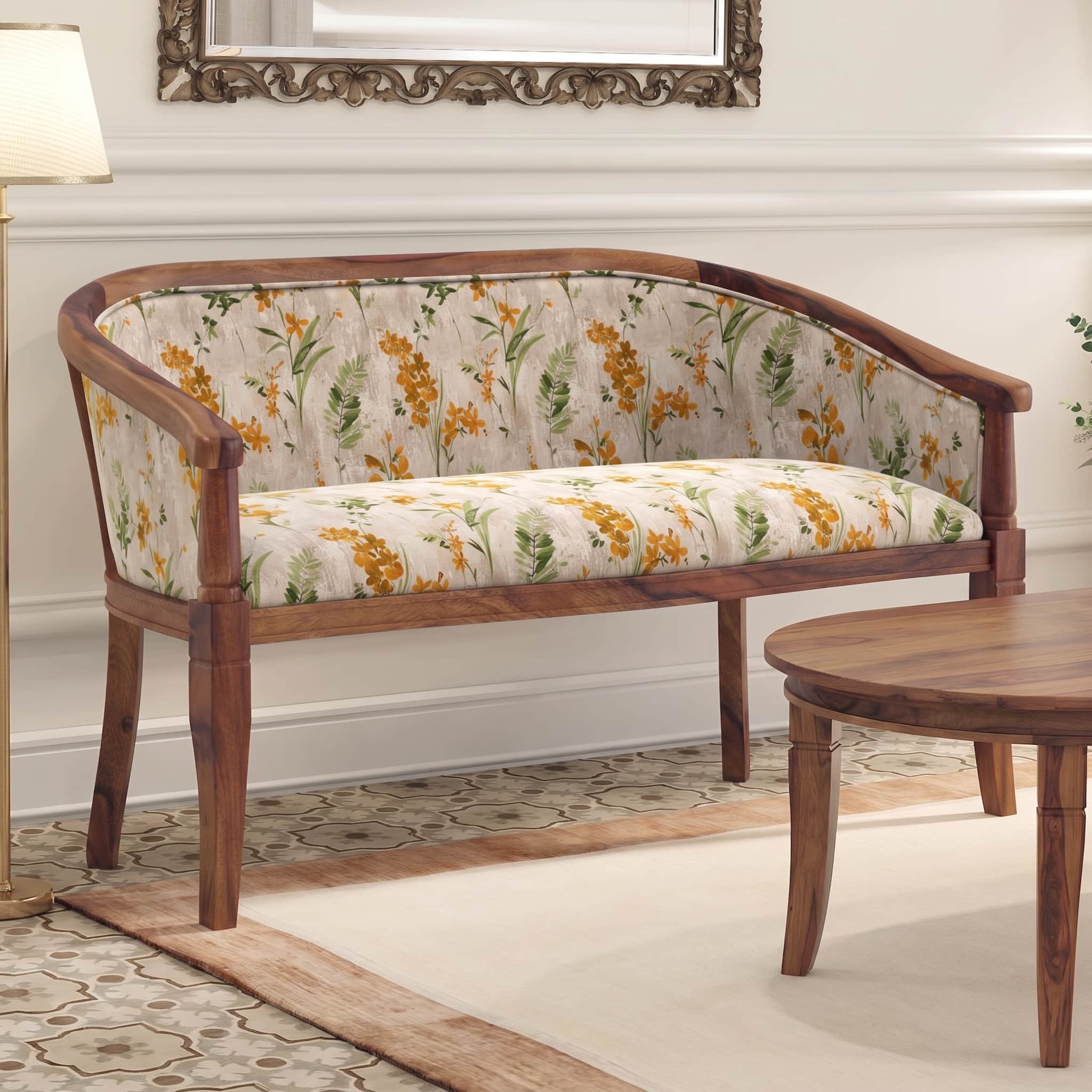 Florence 2 Seater Sofa In Teak Finish with Mustard Floral Colour