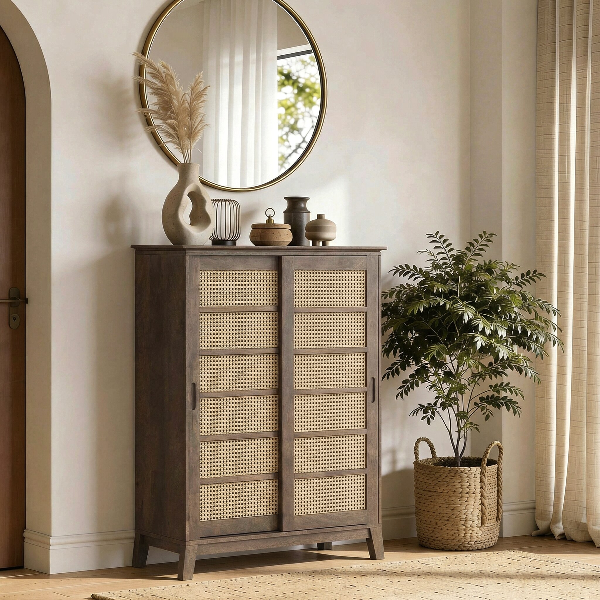 Fujiwara Solidwood and Cane Shoe Cabinet In Danish Walnut Finish-image-44