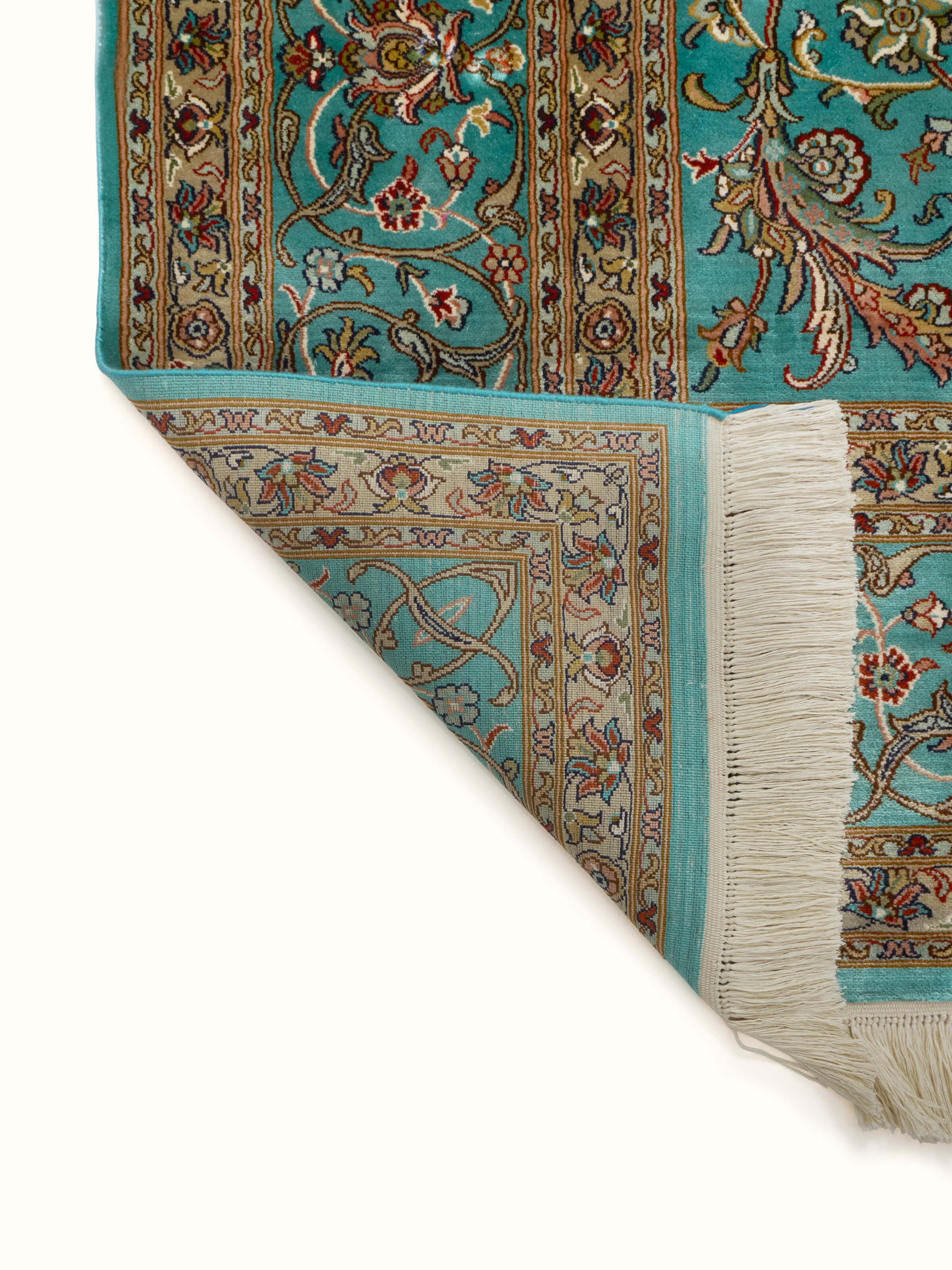 Back view revealing precise knotting of Tabriz blue Kashmir silk carpet