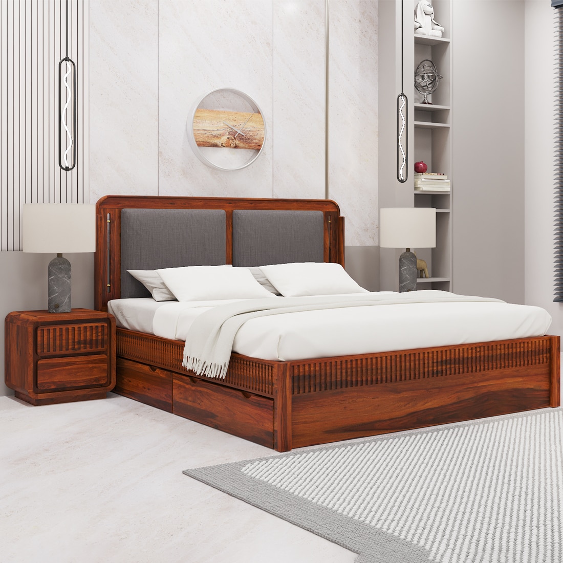 Lotus Solid Wood King  Size Upholstered Bed With Drawer Storage (Honey Oak Finish) - Woodenmood