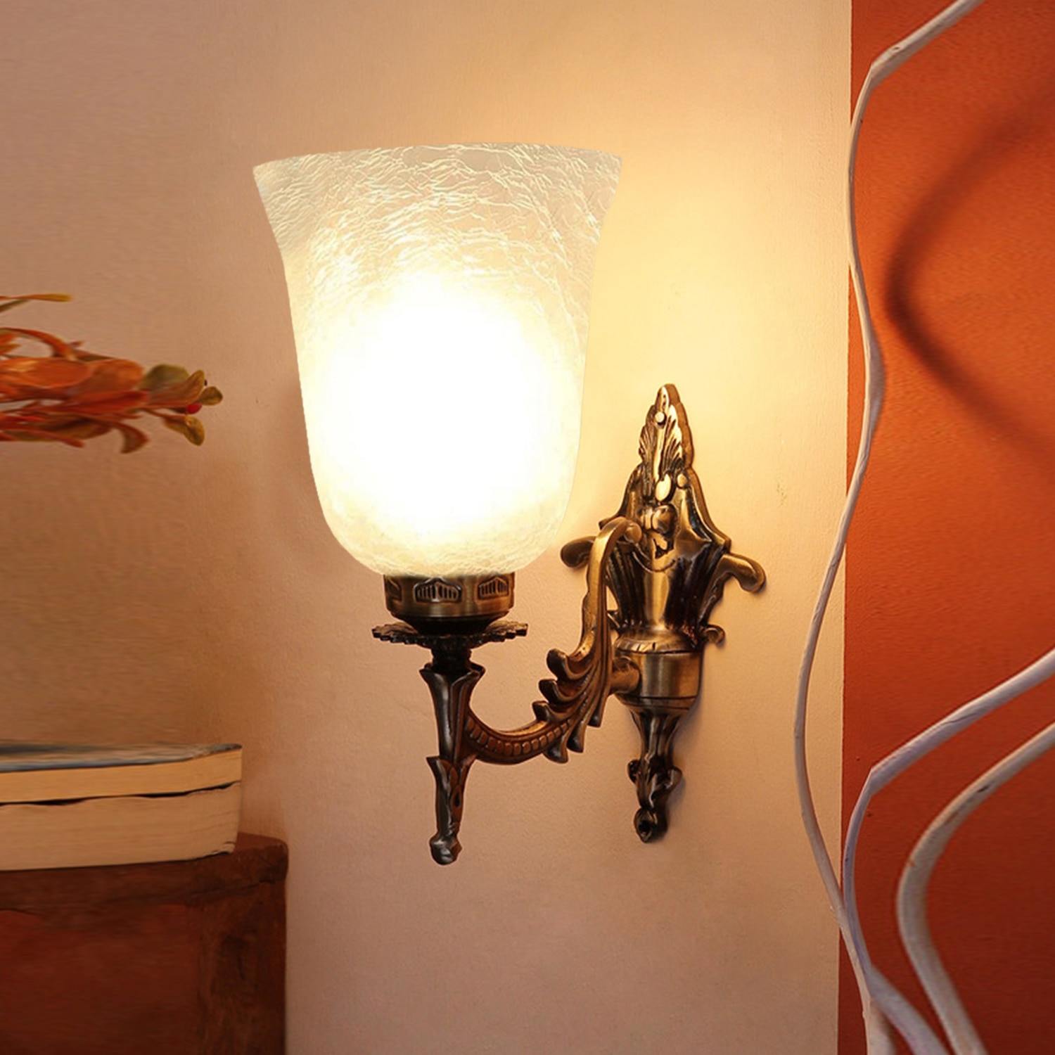 Devansh Metal Electric Wall Light in Antique gold Colour with White Shade Count of 1 Light - Devansh