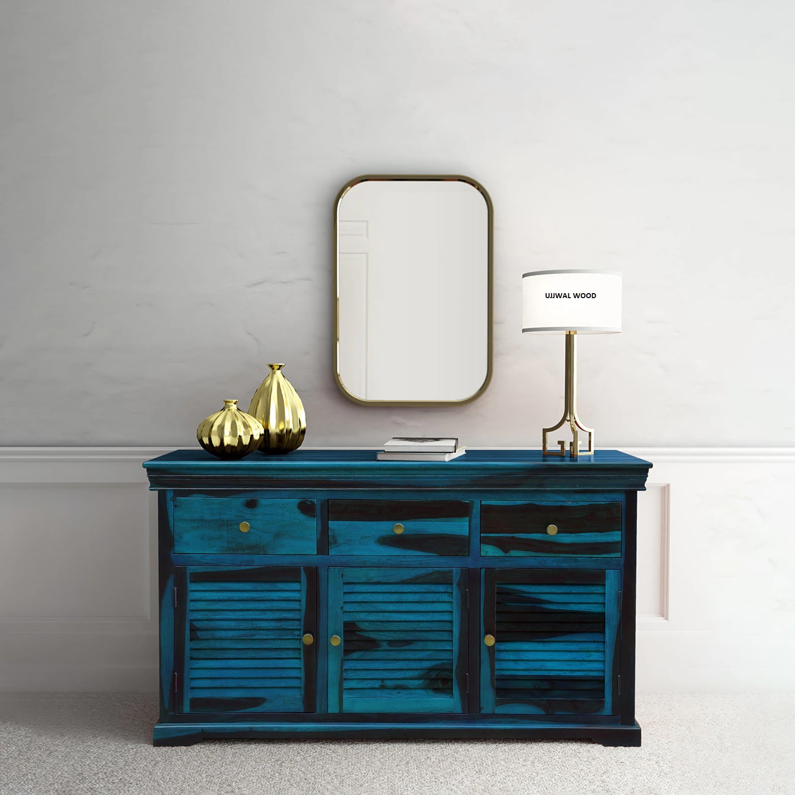 Sheesham Wood Sideboard In Scratch Resistant Ocean Blue Finish - Ujjwal Wood
