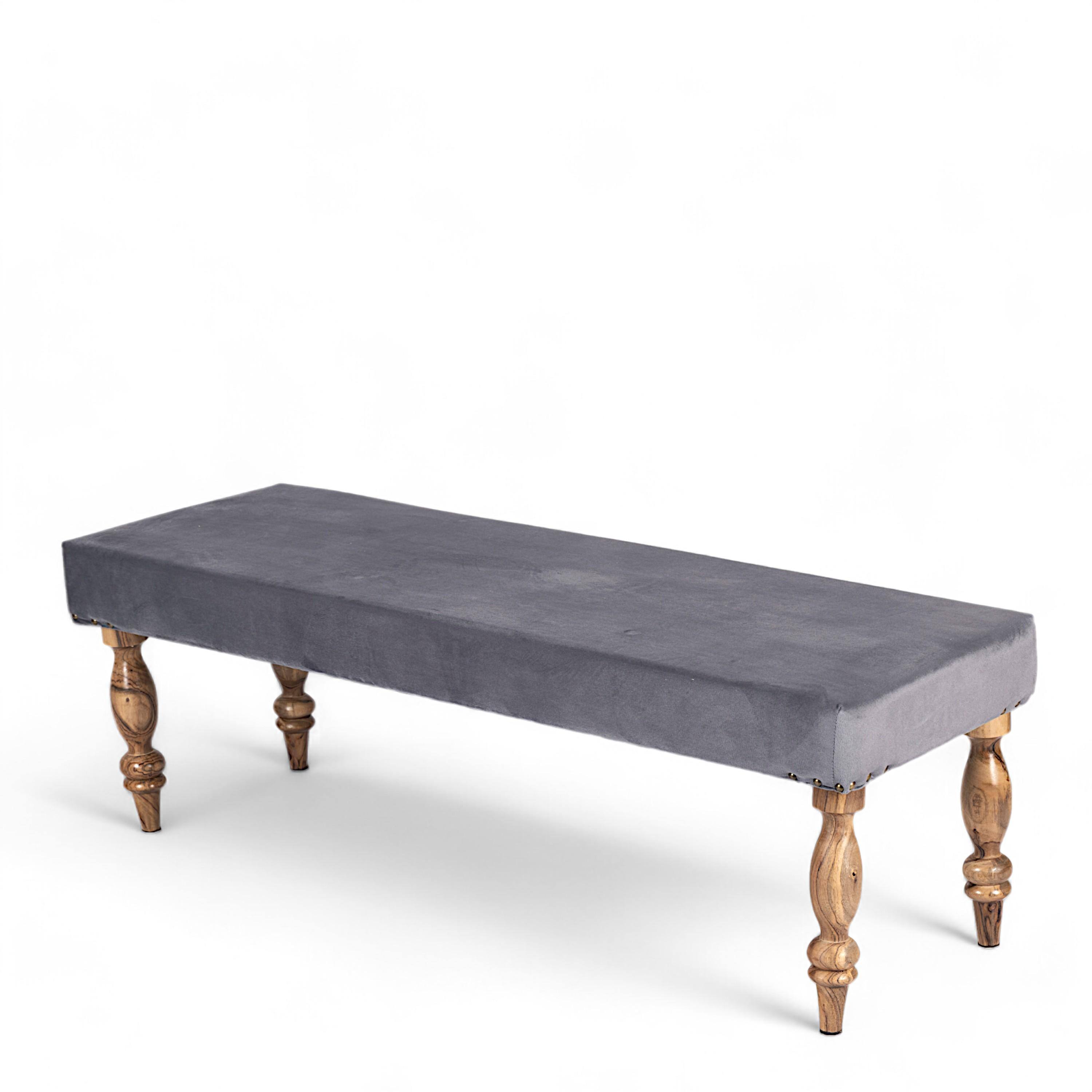 Cairo Sheesham Wood Accent 3 Seater Bench In Iron Grey Velvet