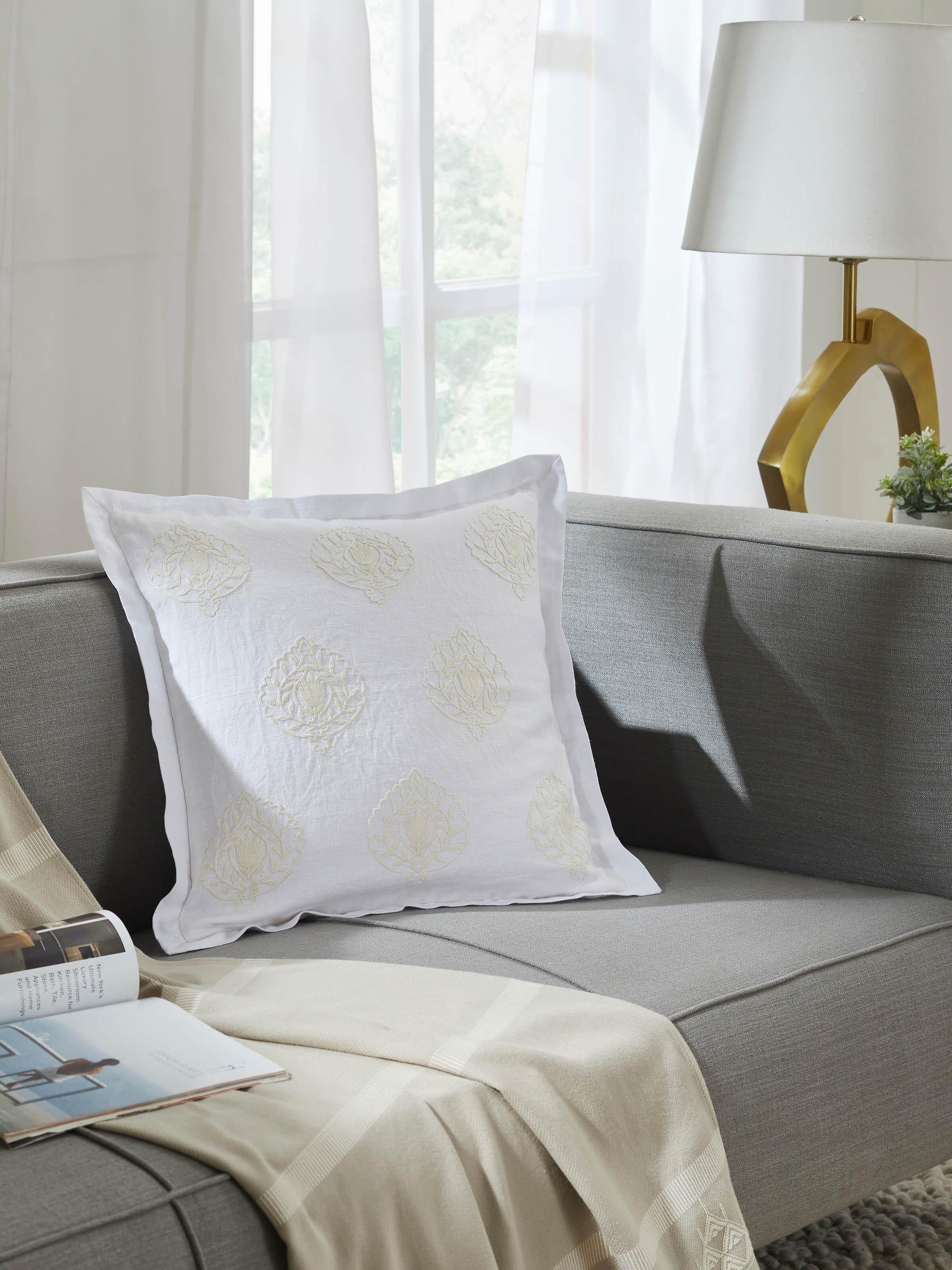 Razza Ivory Buti Linen Kashmir Chain Stitch Hand Embroidery Cushion Cover