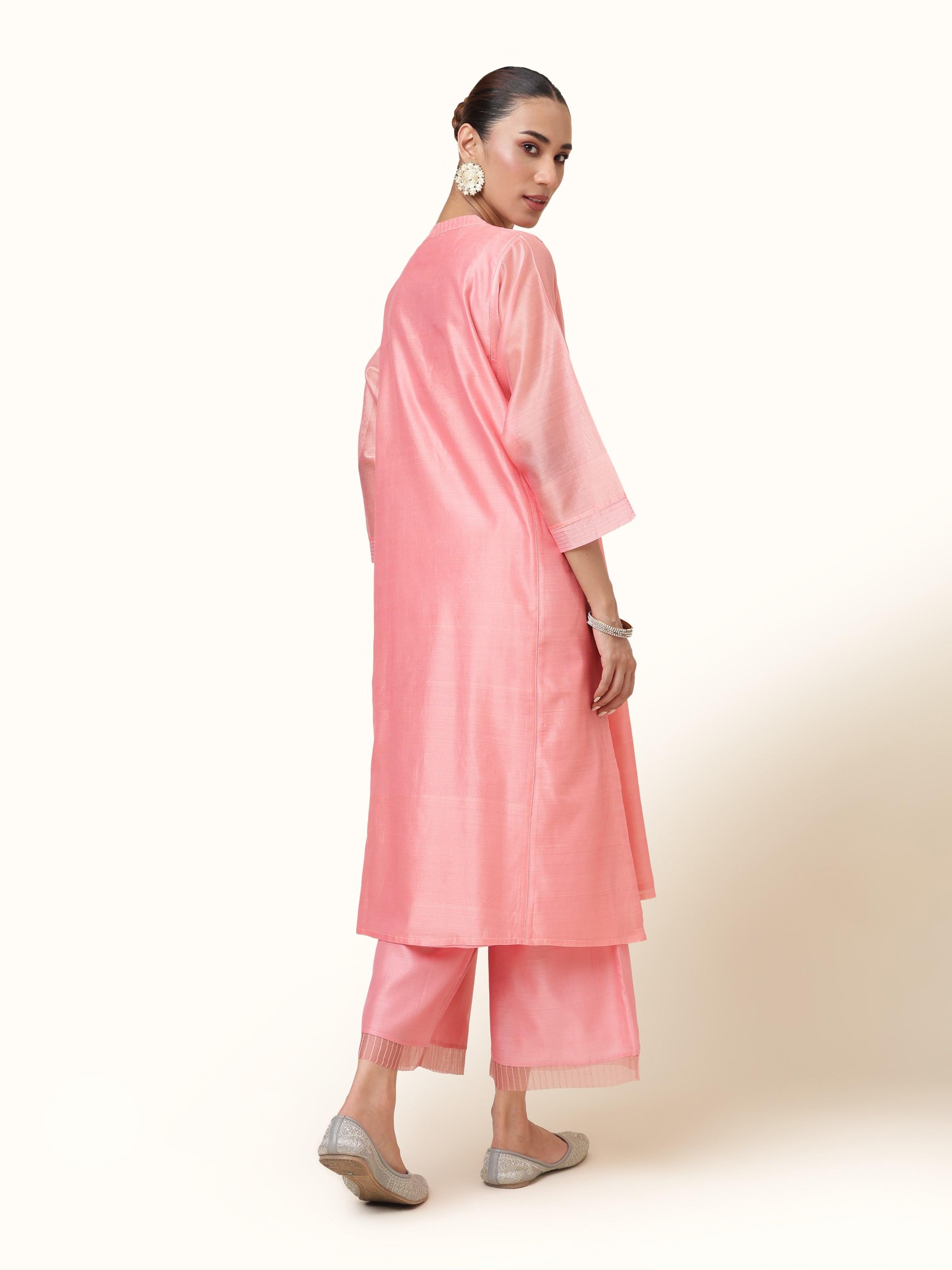Back view of pink cotton silk Chanderi kurta, featuring a straight cut and clean finish.