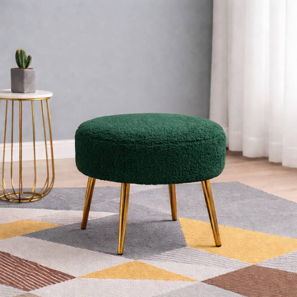 Doe Buck Luna Boucle Round Ottoman Stool in Green Colour with Gold Metal Legs - Doe Buck