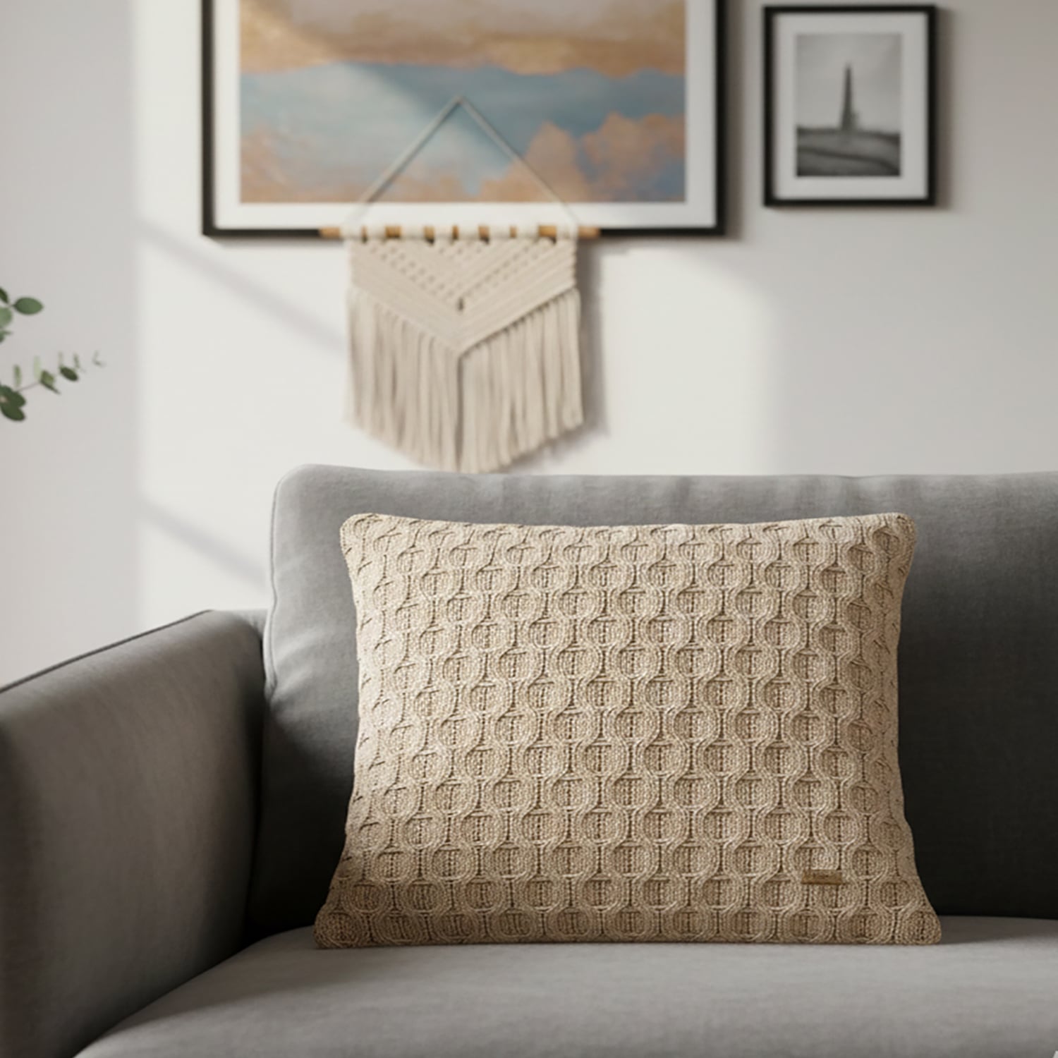 Kelly Knit Stone Cotton Cushion Cover 16X16  Inches - Pluchi