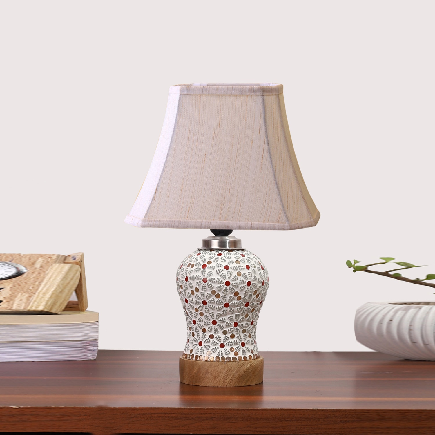 Devansh Off-White Cotton Rectangular Shade Lamp With Wood & Mosaic Glass Base For Decoration/Office/Home/Gifting/Study For Decoration/Office/Home/Gifting/Study