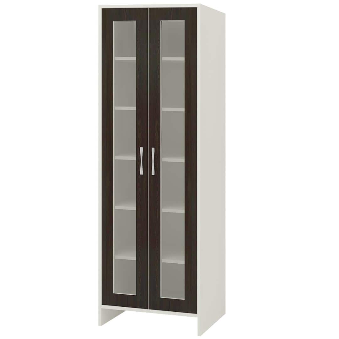 Atlanta Tall Crockery cum Bookshelf Cabinet with Toughened Glass Shutters in Antique Ebony Colour