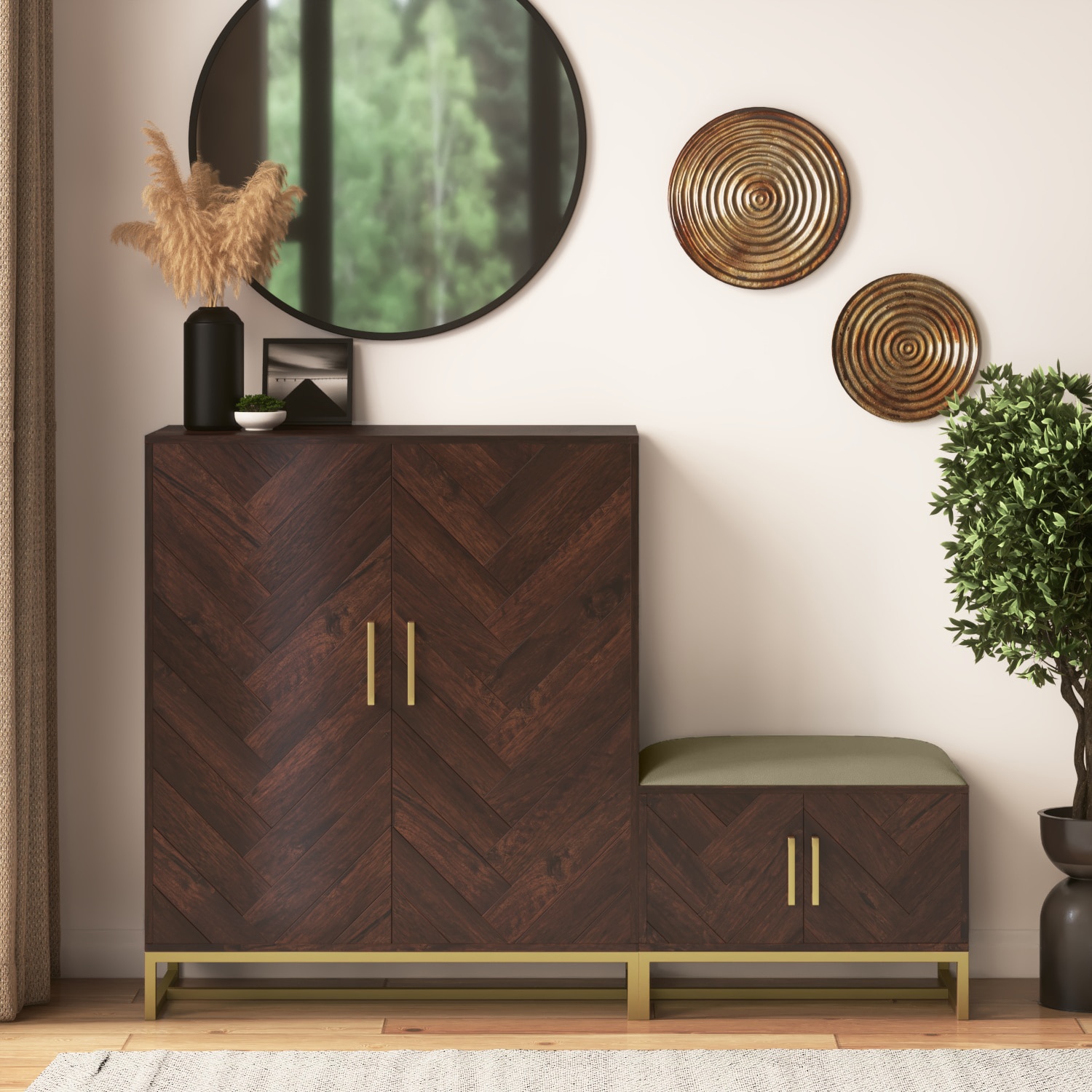 Nina 28 Pair Solid Wood Shoe Cabinet with Seat In Mango Walnut Finish