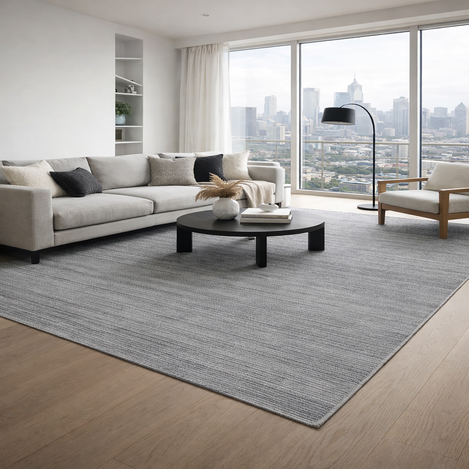 Linear Texture Pet Yarn Rectangle Carpets Hand Loom in Grey Colour