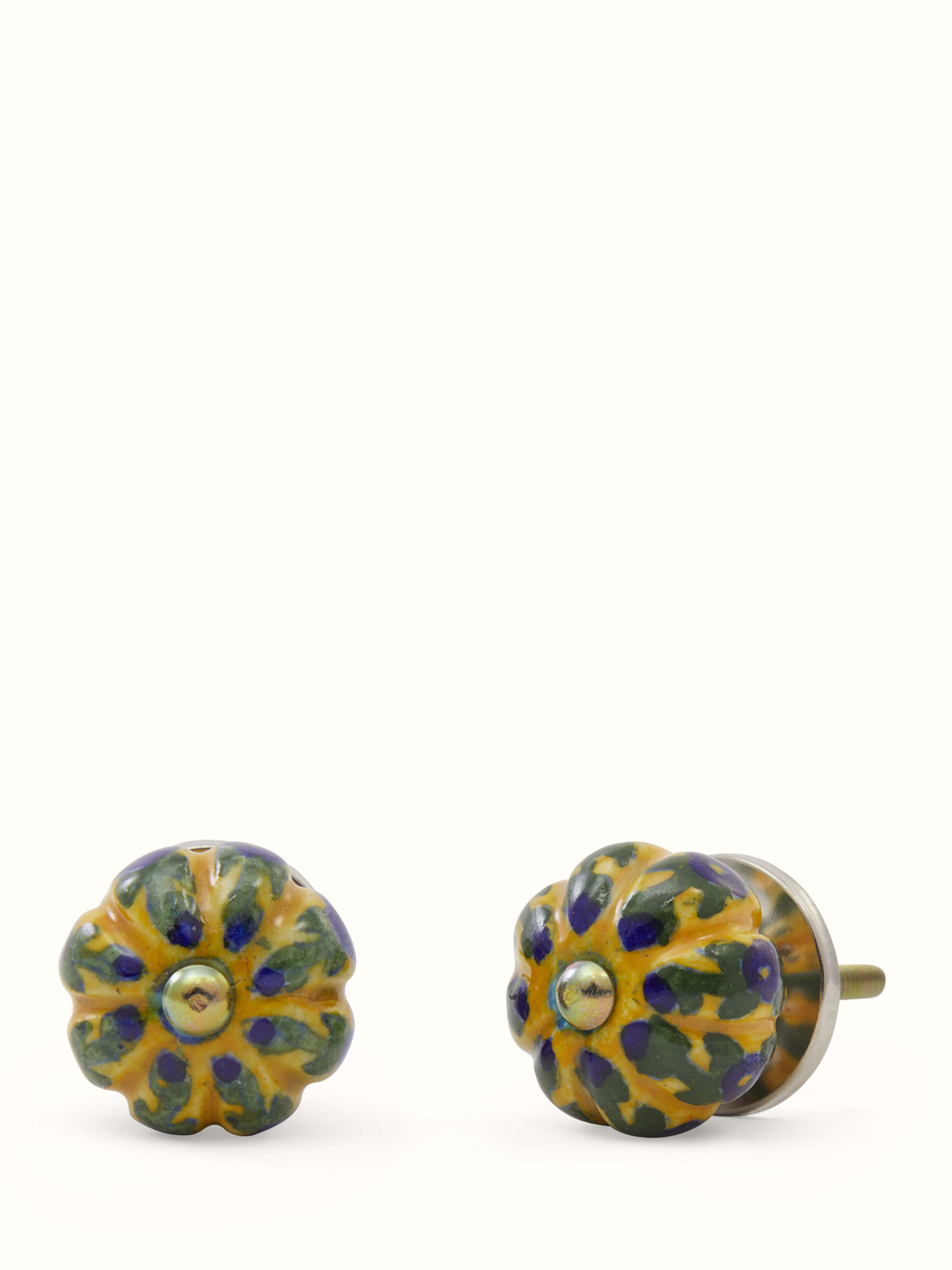 Blue pottery round rib door knob set with hand-painted floral design – front view