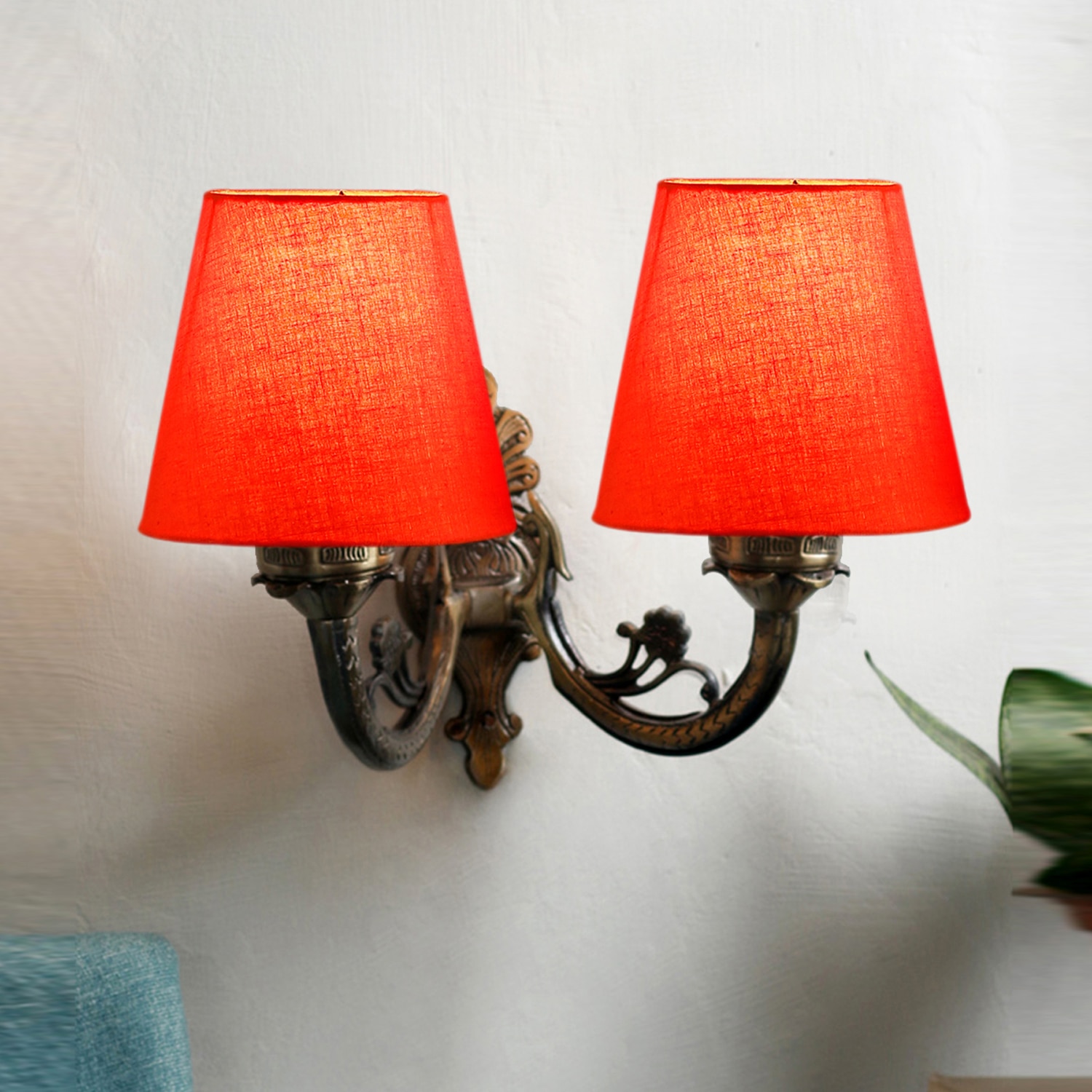 Devansh Metal Electric Wall Light in Antique Gold Colour with Orange Shade Count of 2 Lights - Devansh