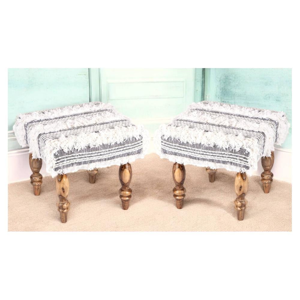Lisbone Sheesham Wood Mid Century Square Set of 2 Stools in Grey Fabric   Fringes Upholstery