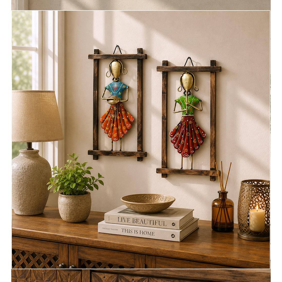 Desert Art Metal Handpainted Lady Musician Doll Wall Hanging Set of 2 - Desert Art