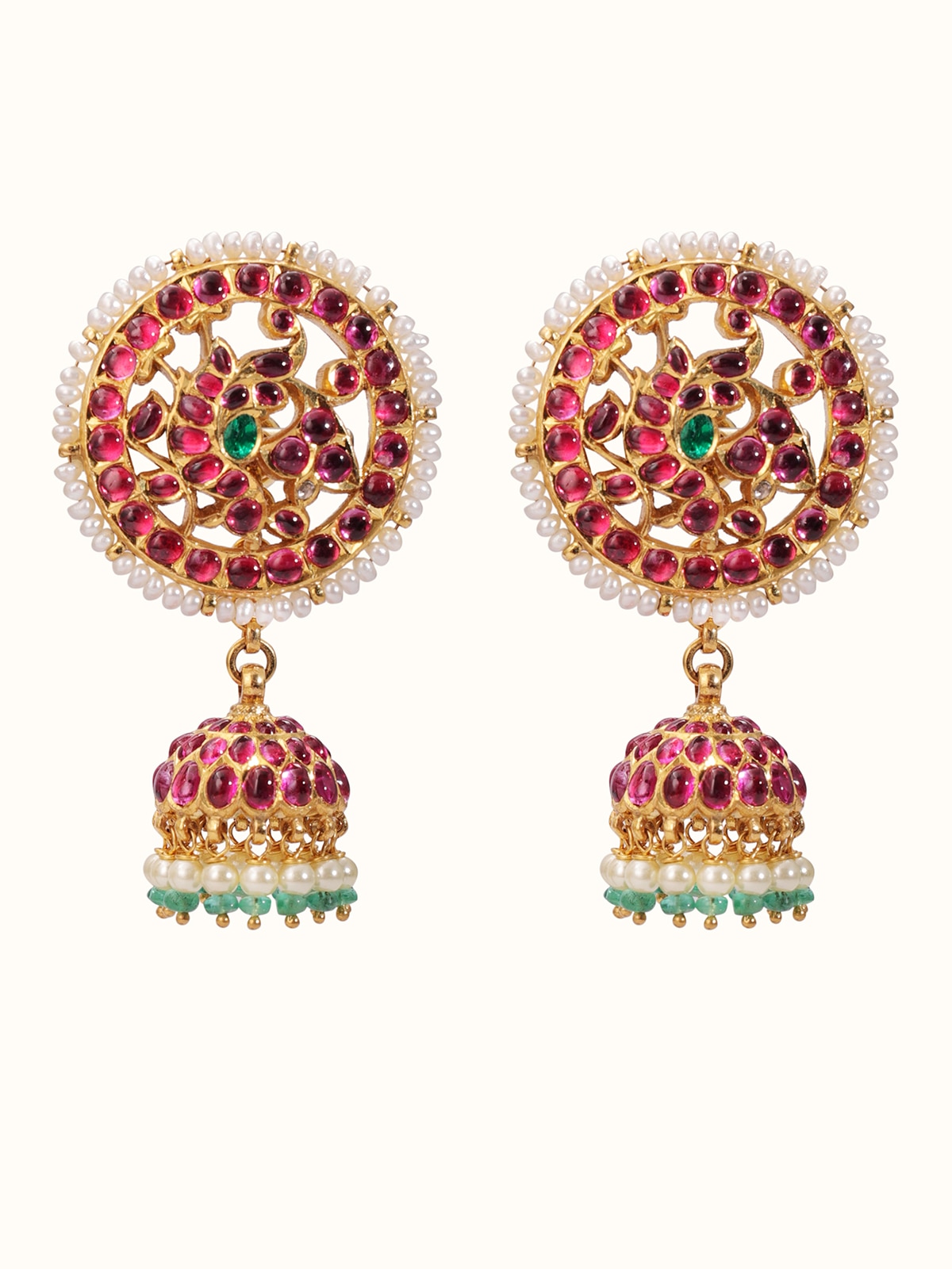 over view of Kundala Velai 22 Karat Gold Jhumkas showcasing elegant curves and gold detailing