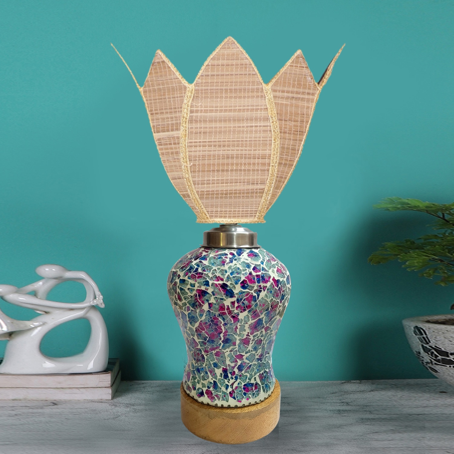Devansh Lotus Bamboo Shade Lamp With Wood & Mosaic Glass Base For Decoration /Office/Home/Gifting/Study For Office/Home/Gifting -(12X12X19.25) Inches -