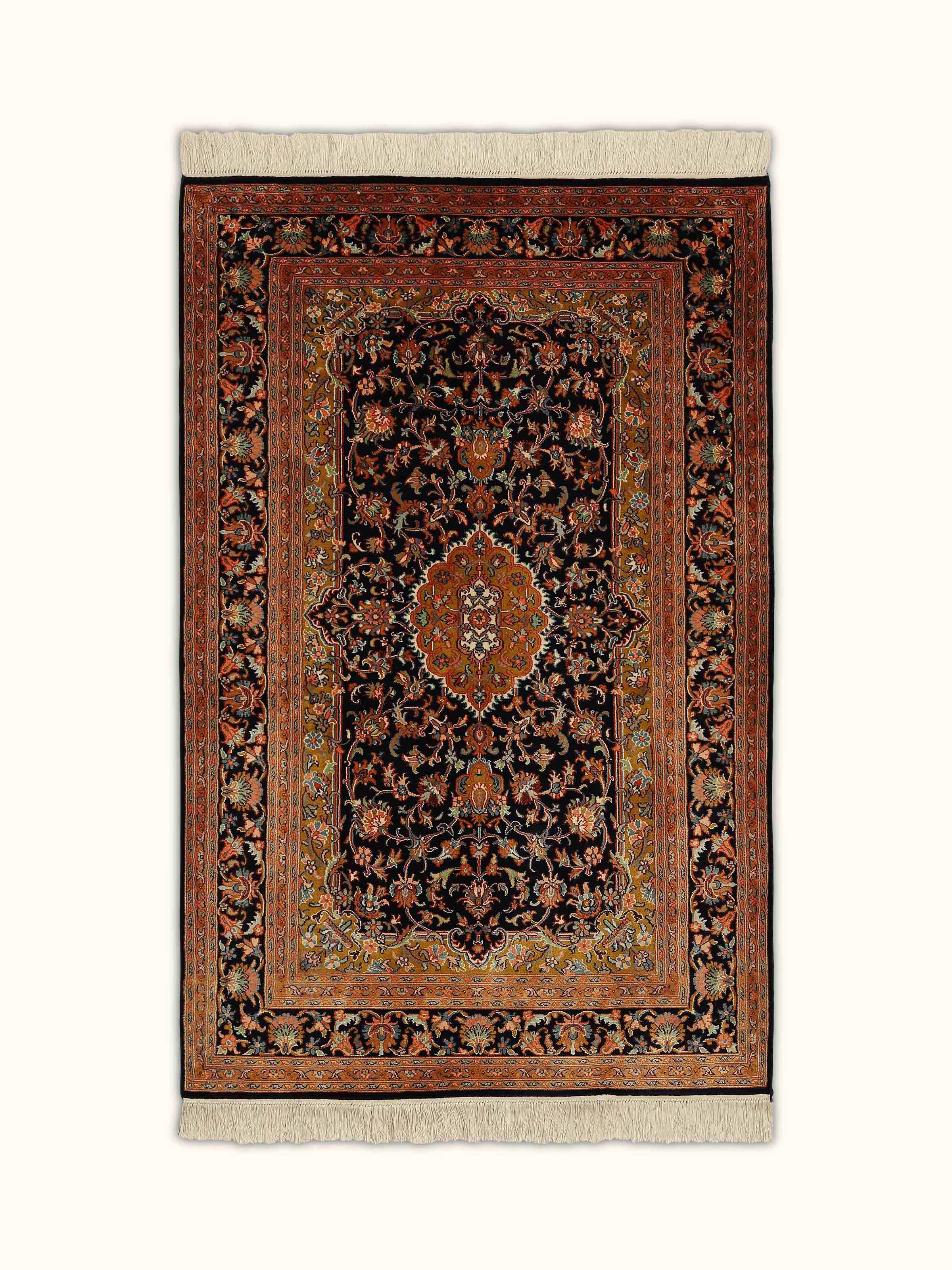 Traditional Persian Navy Blue Tabriz Kashmir Silk Hand-knotted Rug