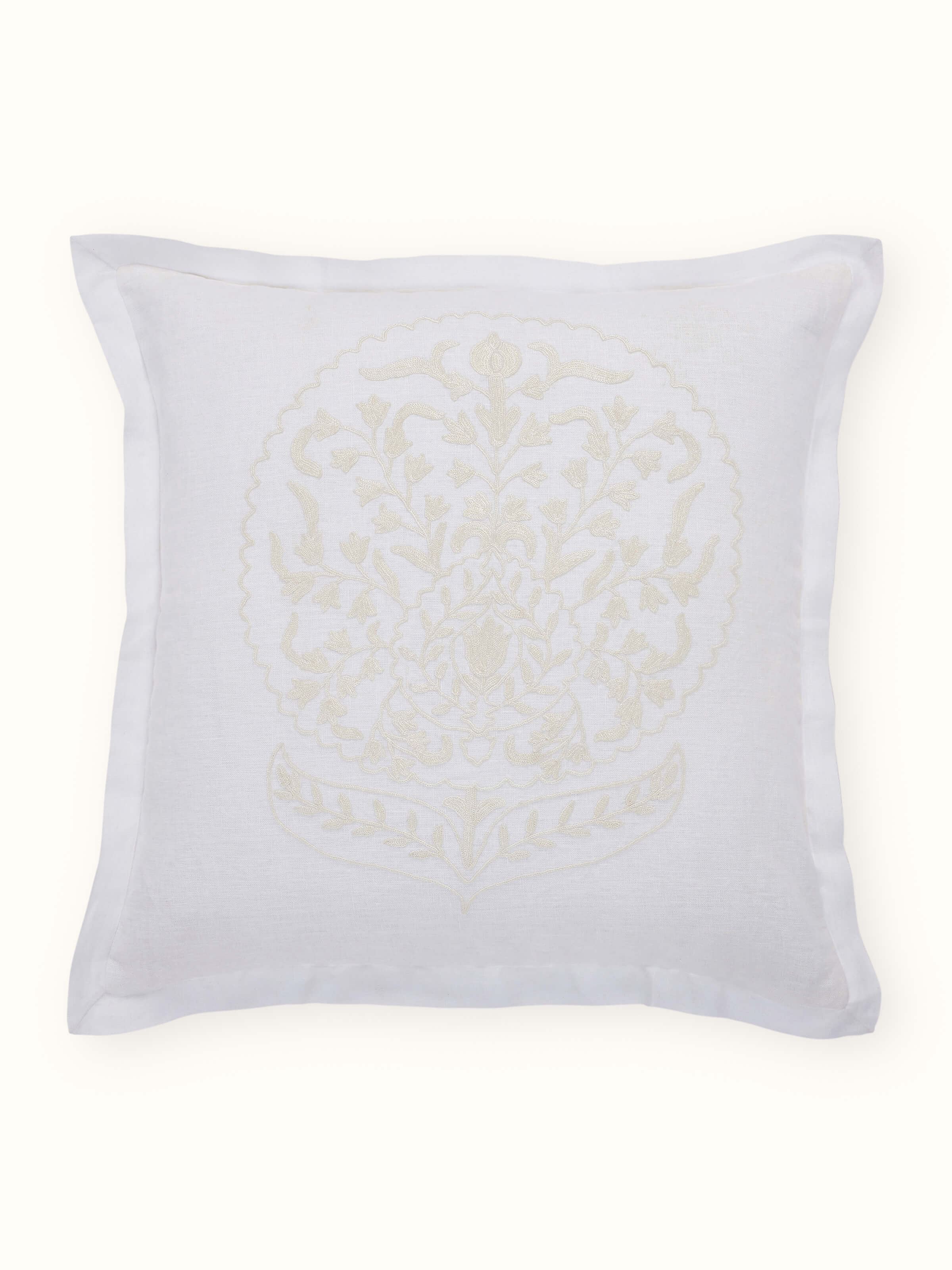 Razza White Carnation Buta Linen Kashmir Chain Stitch Hand Embroidery Cushion Cover