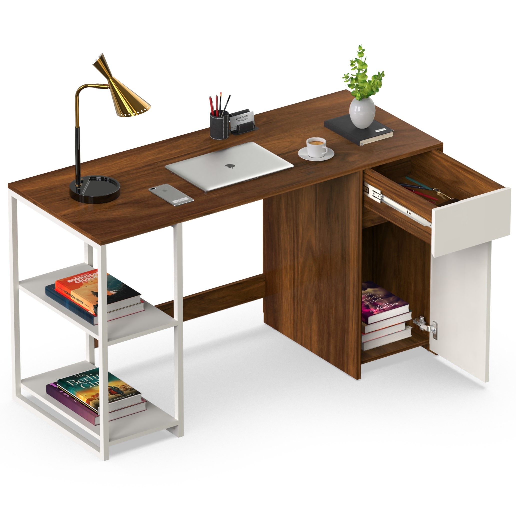 BLUEWUD Corbyn Engineered Wood Study and Computer Laptop Table for Home or Office, WFH Desk, with Drawer Shelves Storage for Adults Kids Students (Brown Maple & White - DIY)