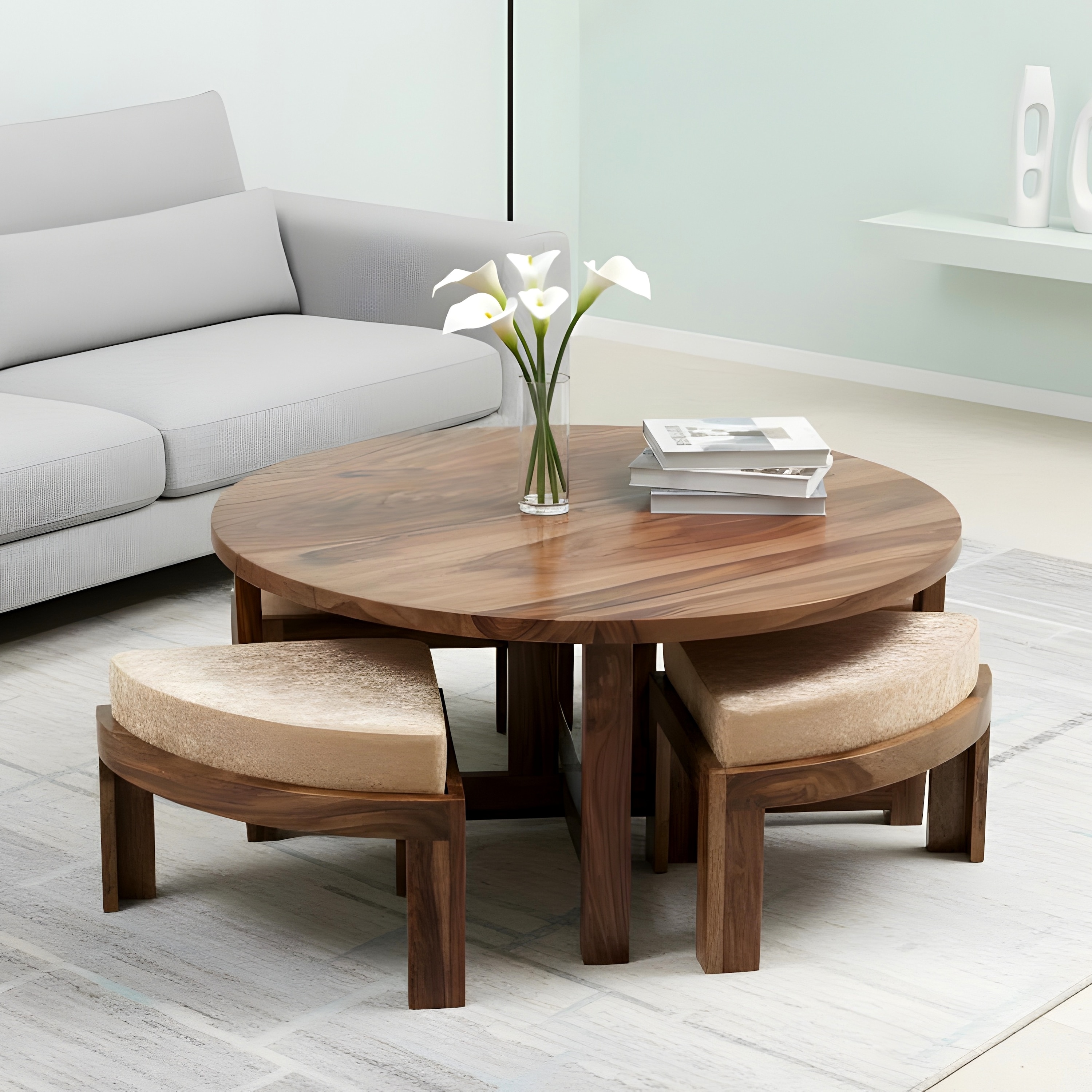 Nashville Sheesham Wood 4 Seater Coffee Table Set In Teak Finish Ivory Sparkle Velvet Cushion