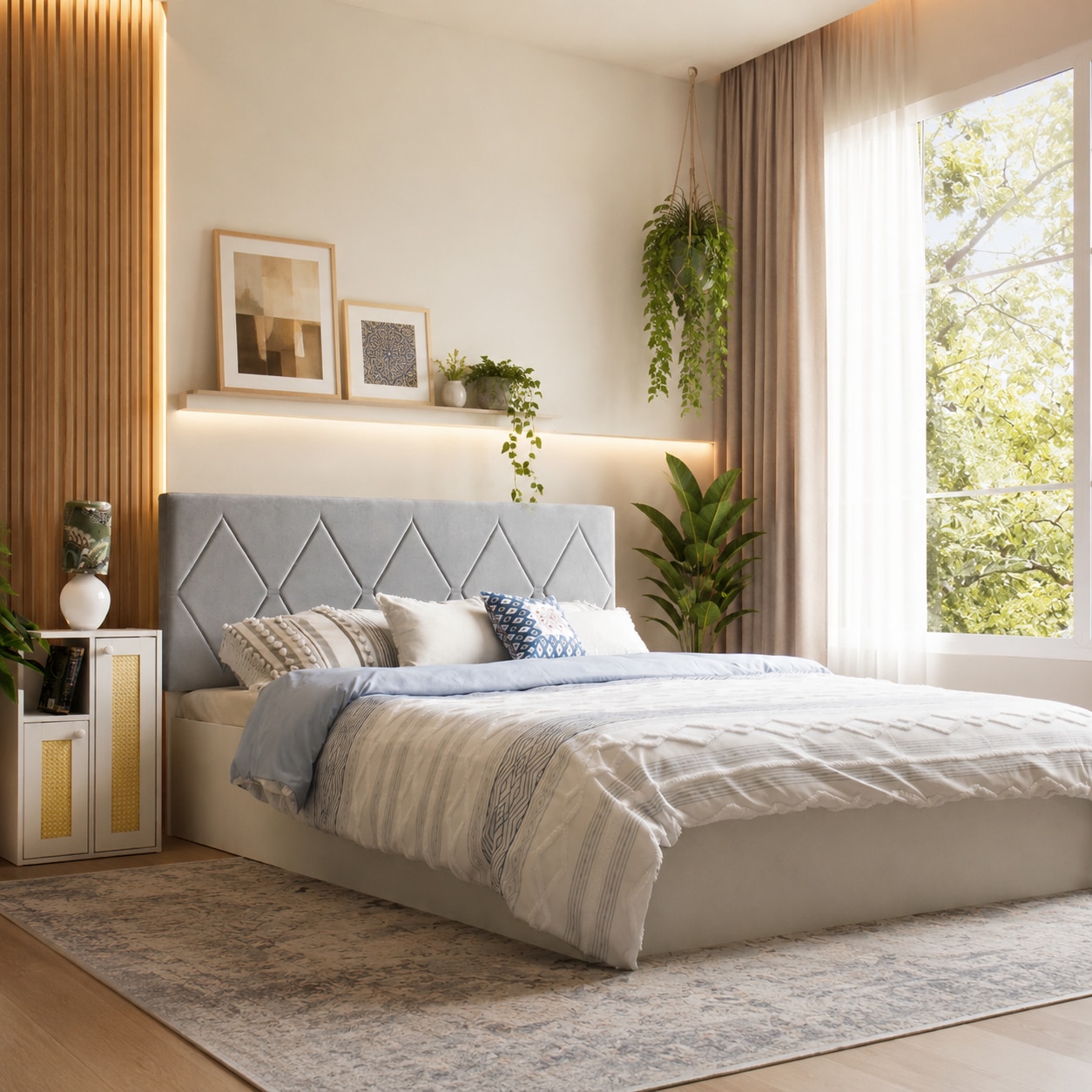 Kundalini Engineered Wood Queen Size Bed With Hydraulic Storage (Melamine Finish, White Colour)