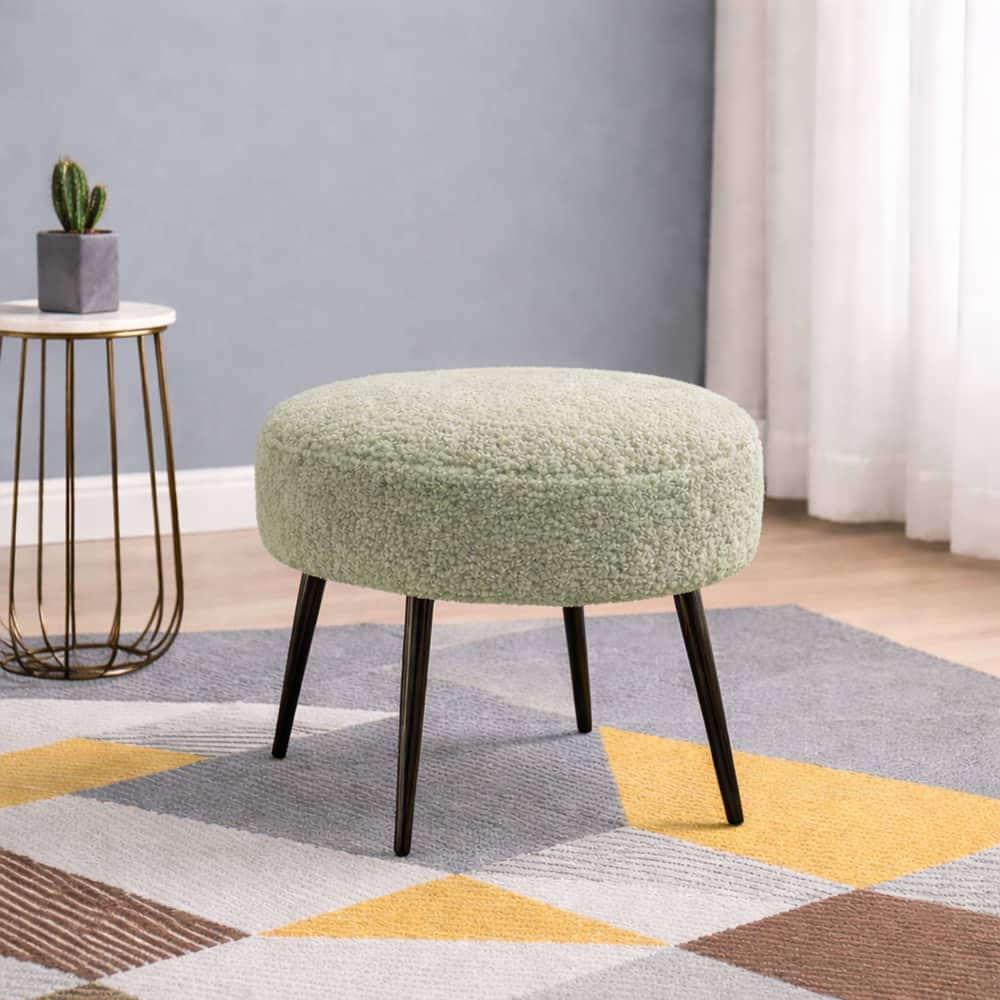 Doe Buck Luna Boucle Round Ottoman Stool in Sage Colour with Black Metal Legs - Doe Buck
