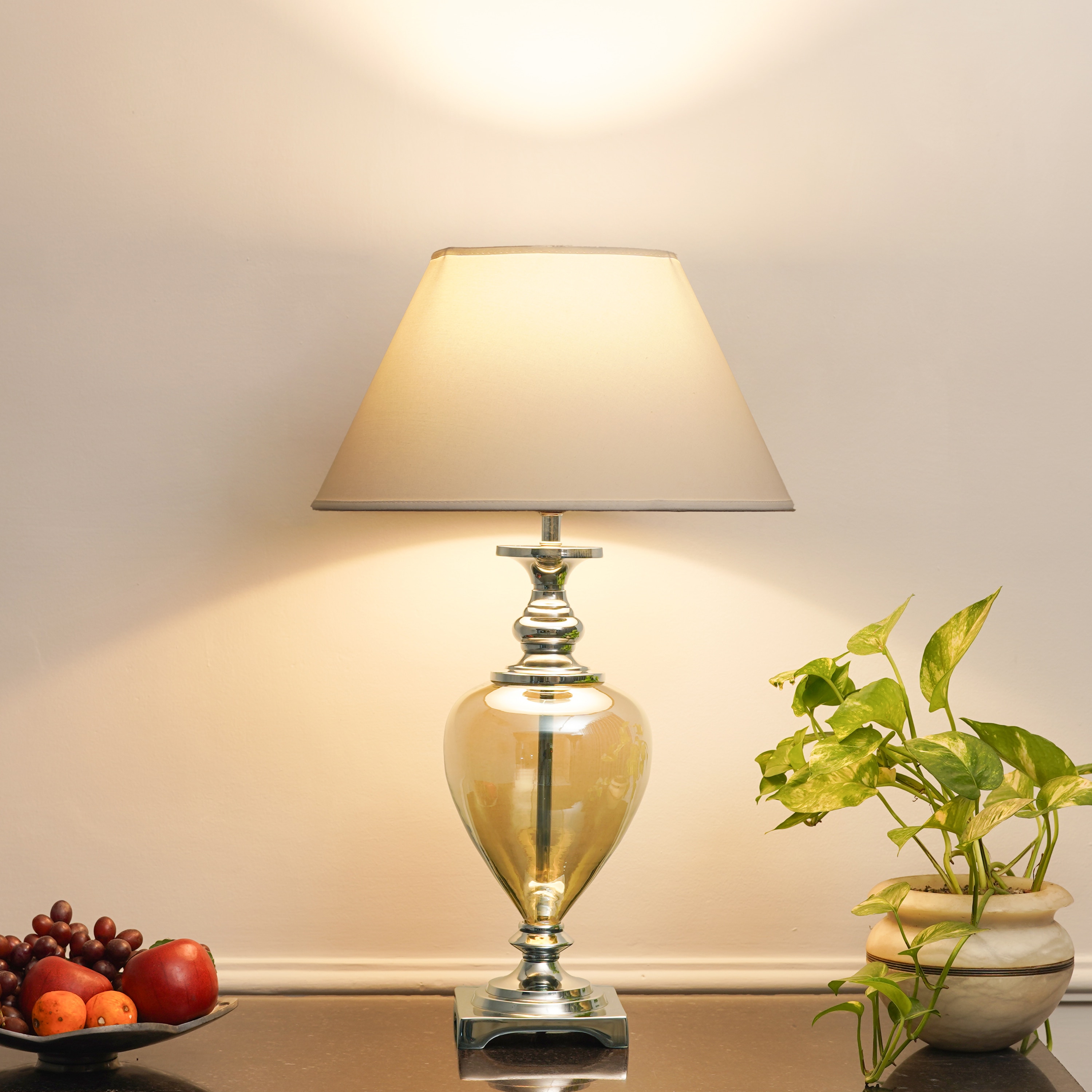 Hinton Smoke Glass And Nickel Finish Metal Table Lamp With White Cotton Shade