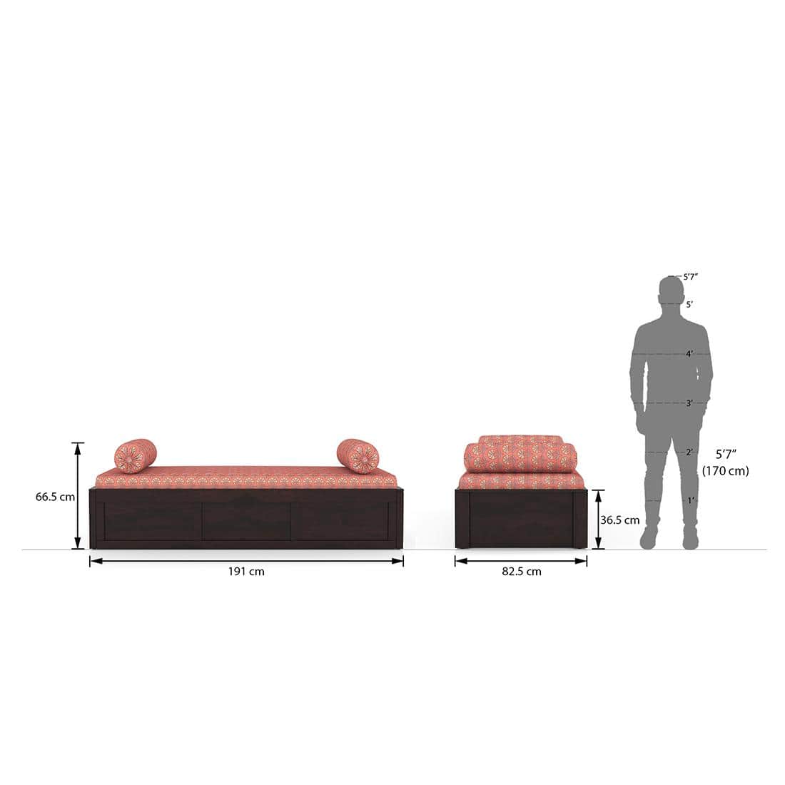 Harvey Diwan in Mahogany Finish with Coral Fabric Colour