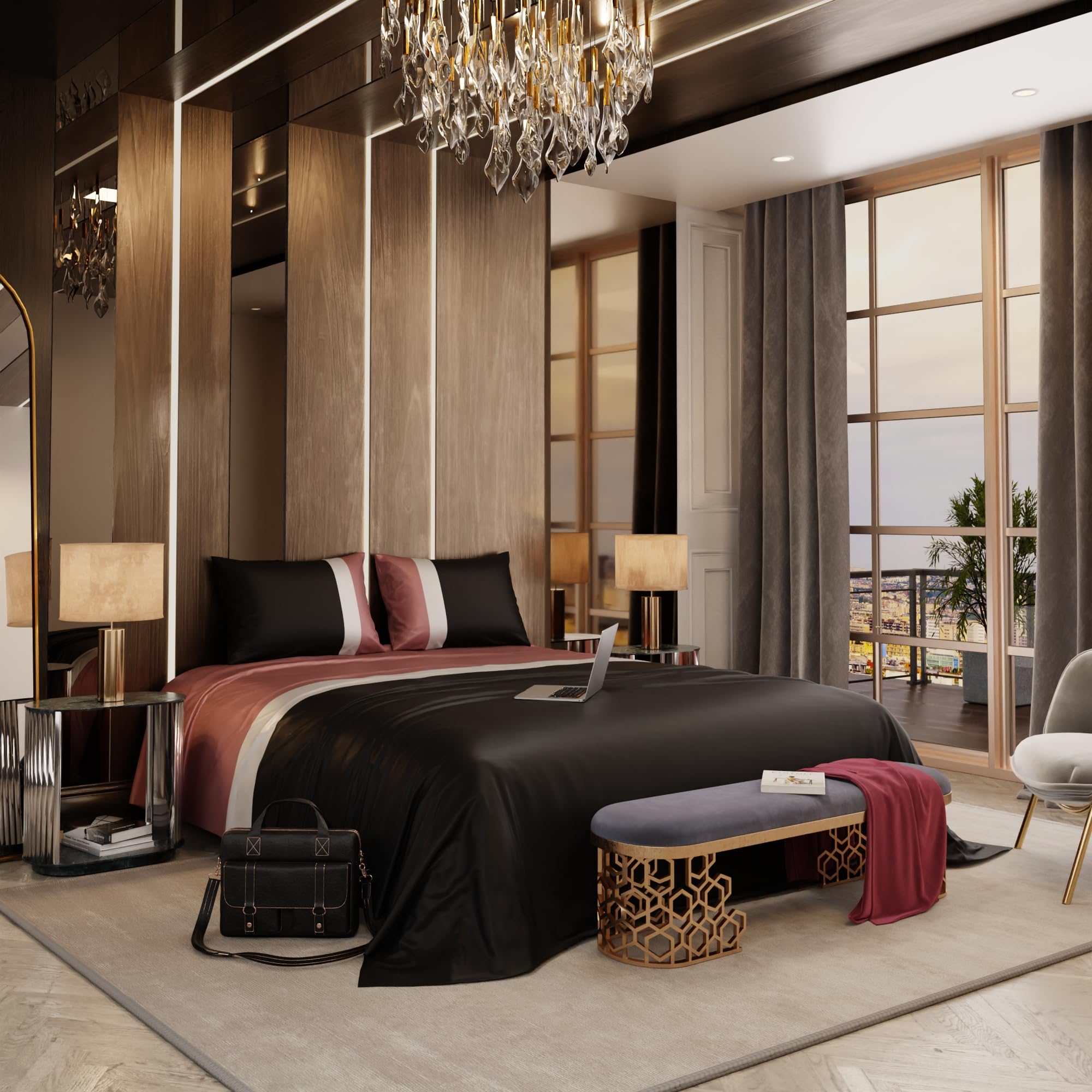 Stoa Paris 300TC UltrSatin King Size Bedsheet with 2 Pillow Covers Satin King Black Caramel - Stoa Paris
