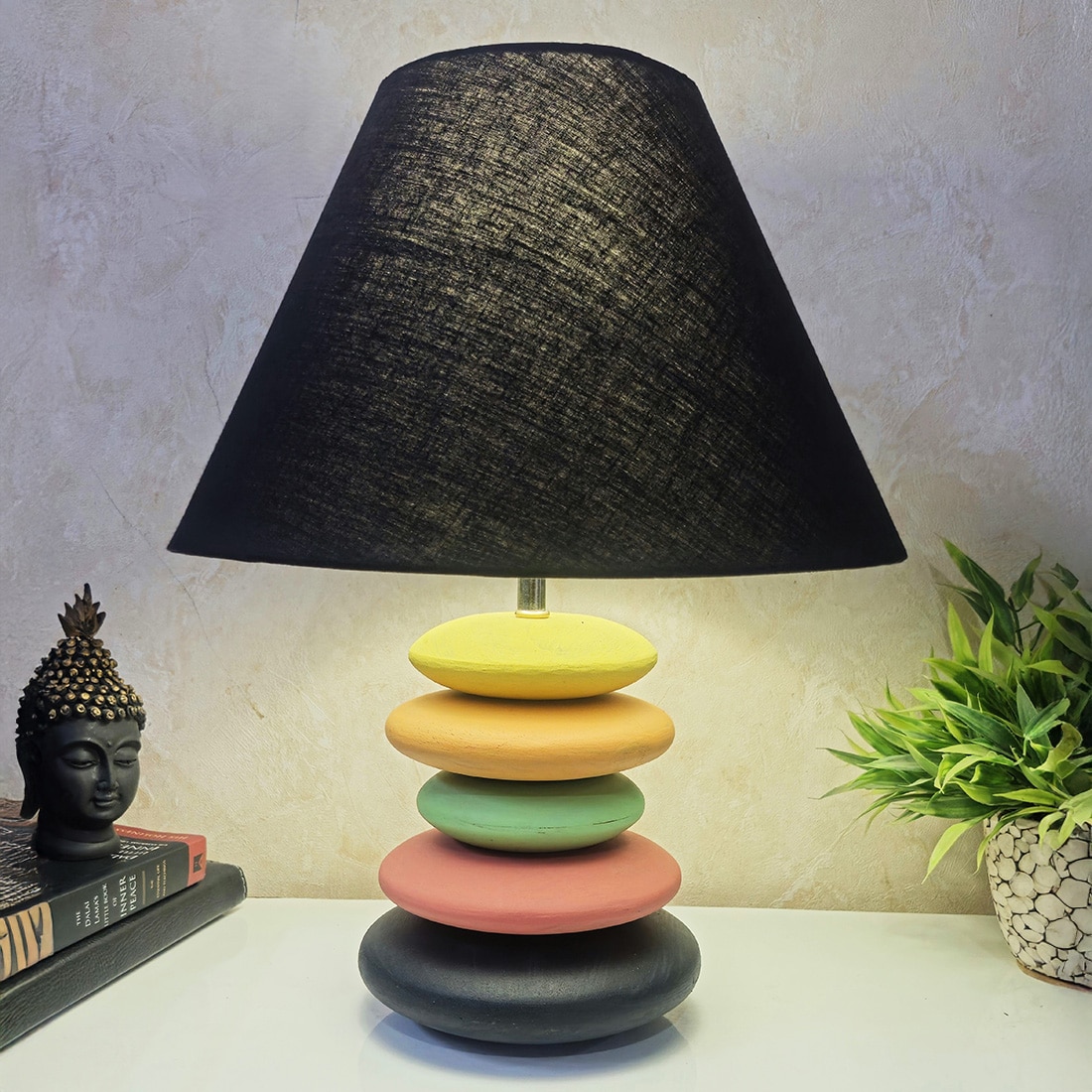 Pebble Black Pink Handcrafted Wooden Table Lamp in Multicolor