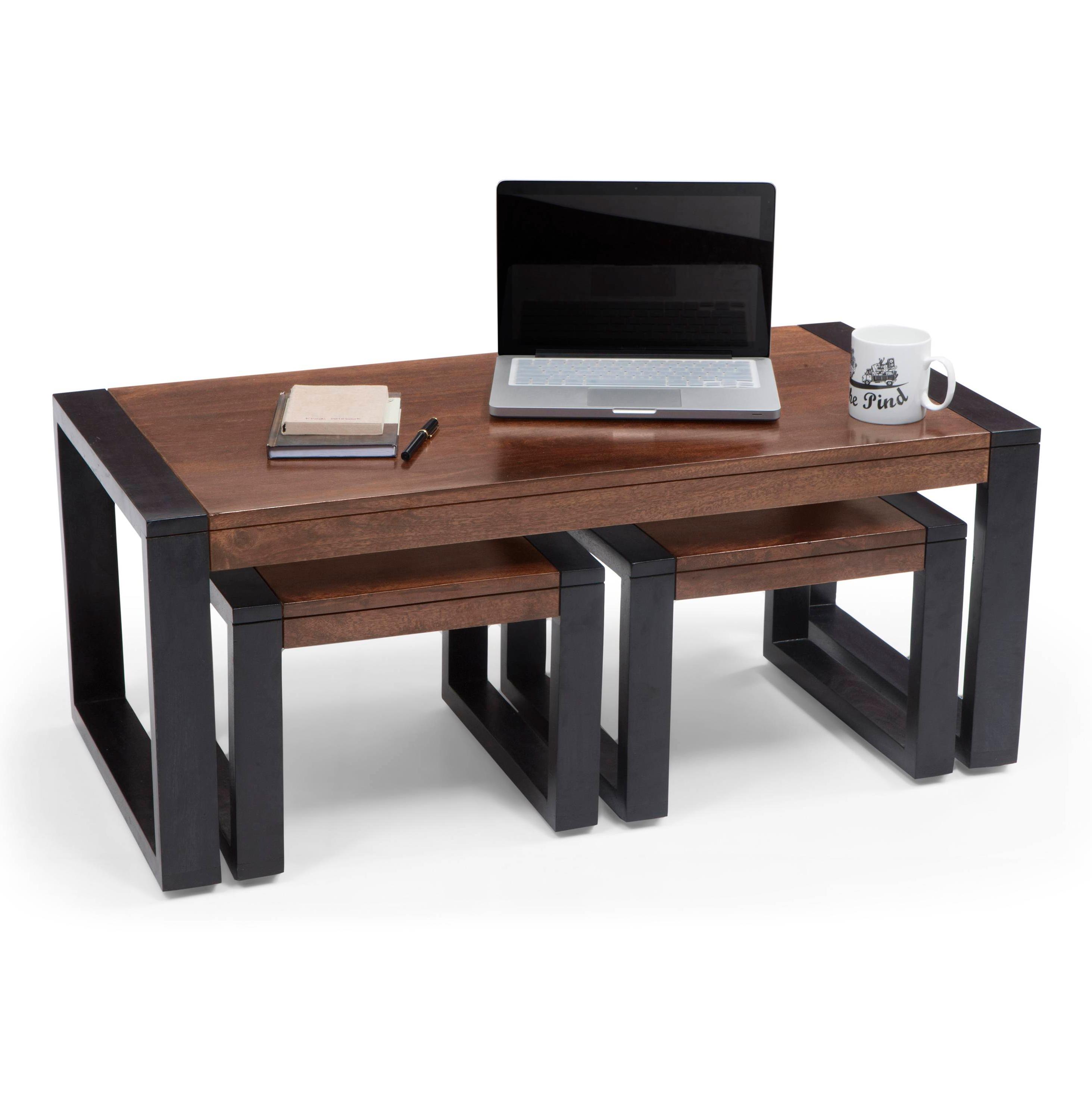 Altura Rectangular Solid Wood Coffee Table With Nested Stools In Two Tone Finish