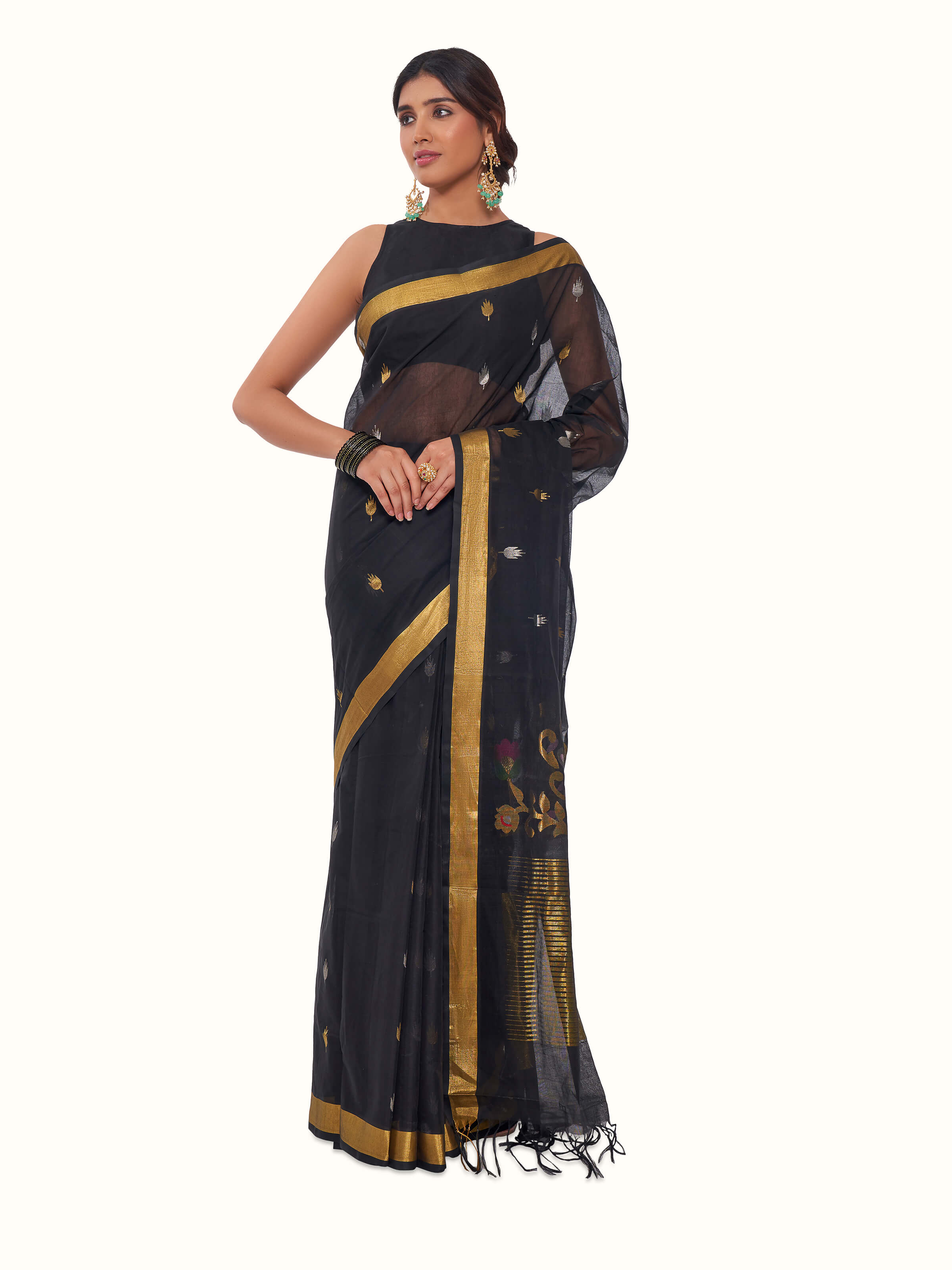 Front view of black cotton Venkatagiri saree with traditional woven motifs