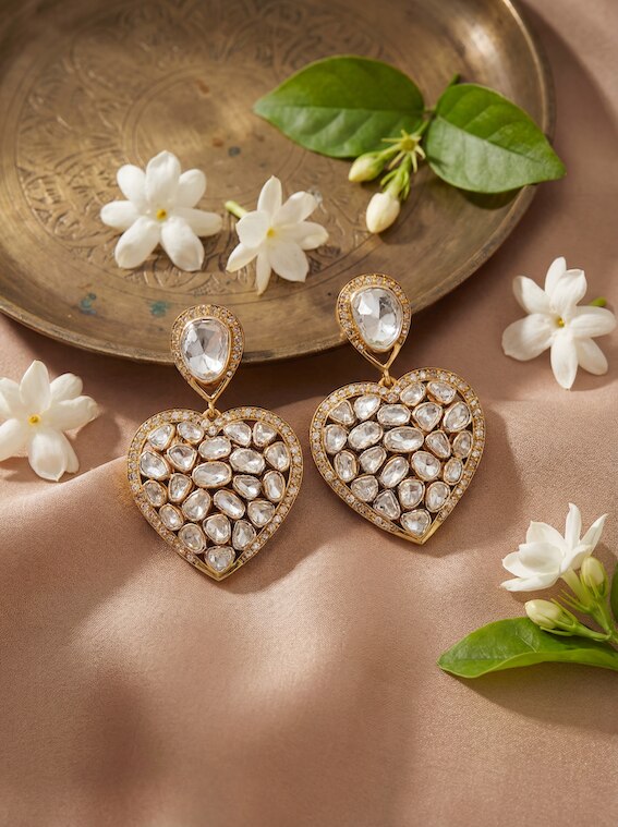 Dank Polki 14 karat gold drop earrings worn on ears – Swadesh