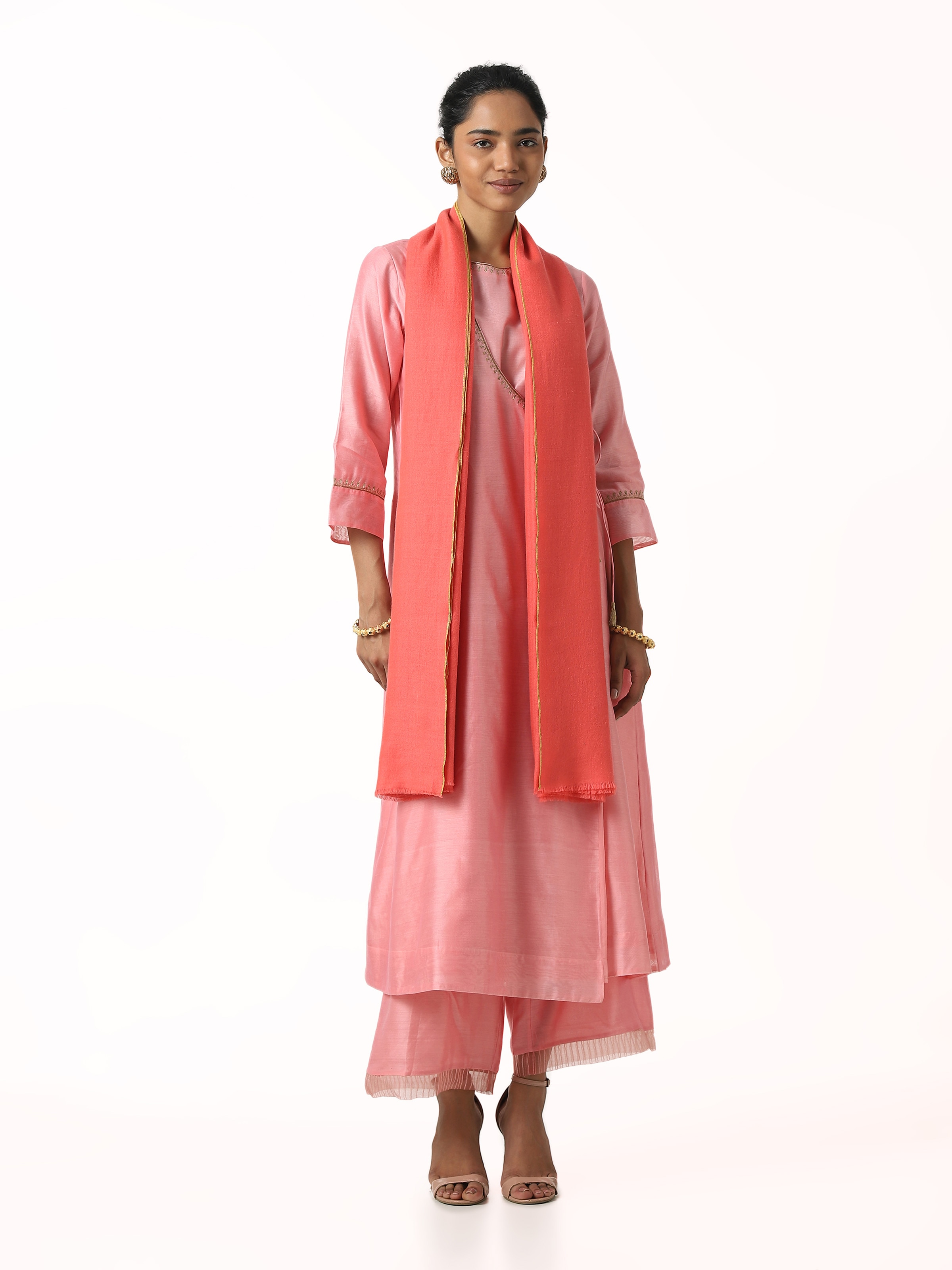 Coral Cashmere Kaaj Embroidered Handwoven Stole