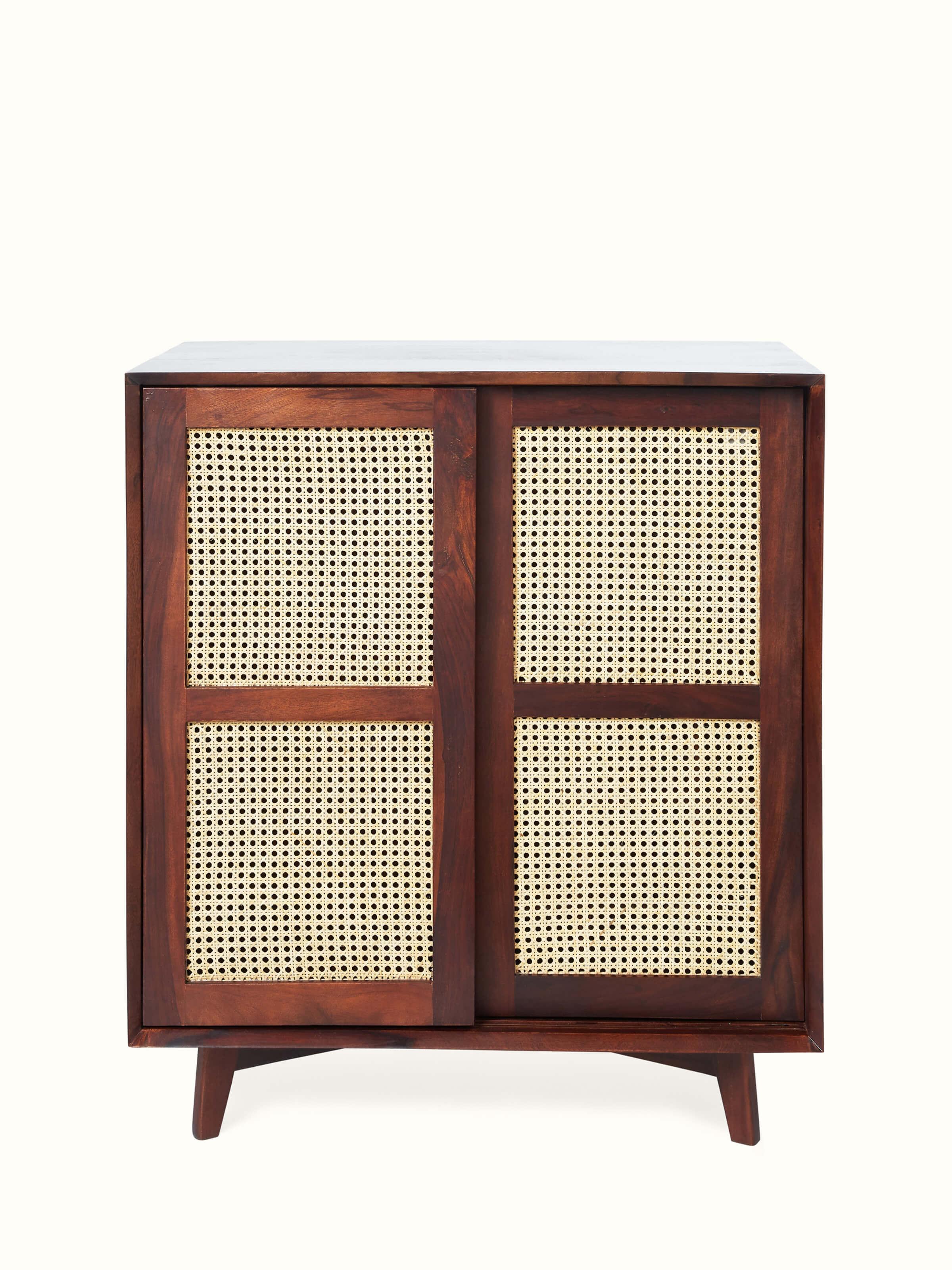 Front view of the Sheesham wood and cane bar cabinet, showcasing its elegant design and craftsmanship.