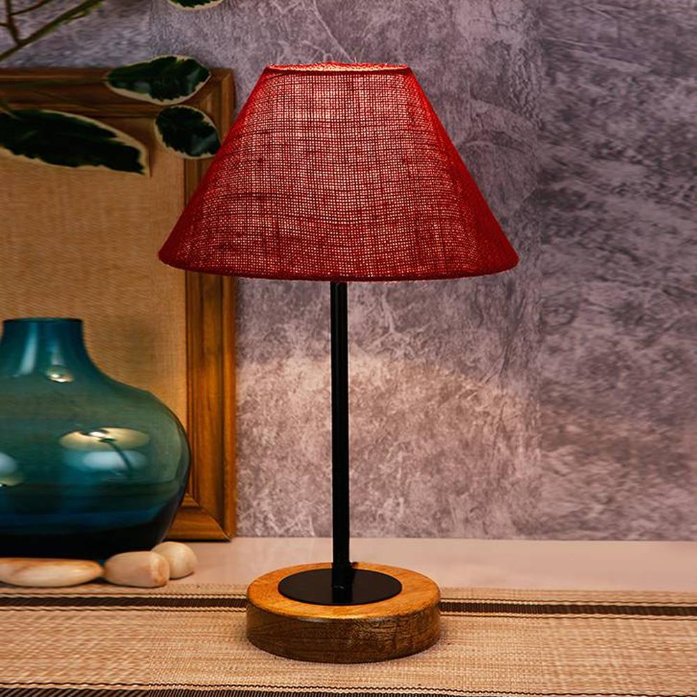 Willie Maroon Natural Fiber Shade Table Lamp with Natural Wood & Iron Base