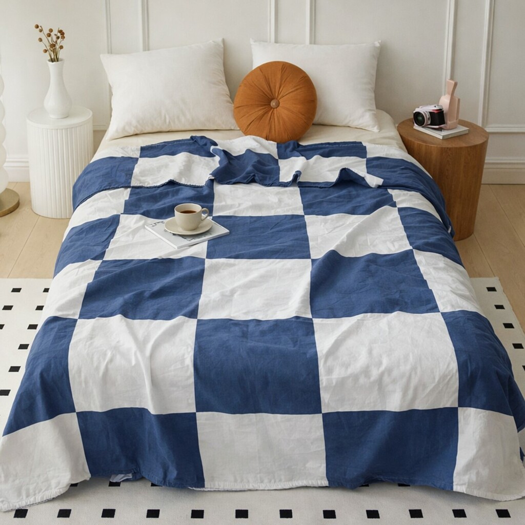 Javi White & Blue Checkered Cotton Double Bed Dohar Reversible 2 Layer Size 240 X 220 Cms - Threads