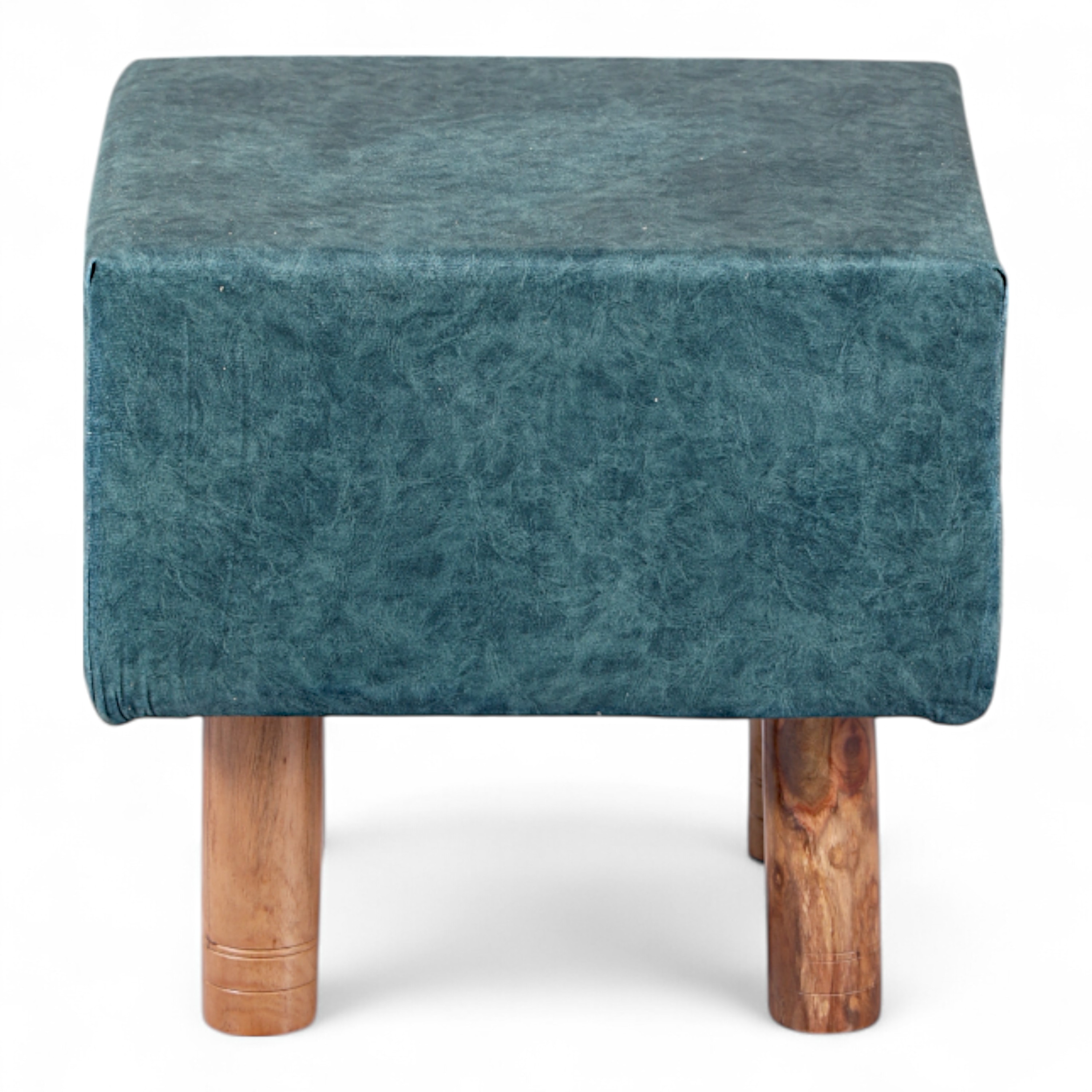Verona Solid Wood Pouf Stool in Textured Cyan Blue Jackard fabric