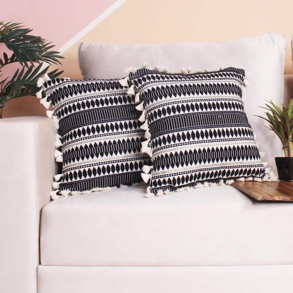 Acrylic Striped Cushion Cover with Lace Set of 2 (16 X 16 Inches)