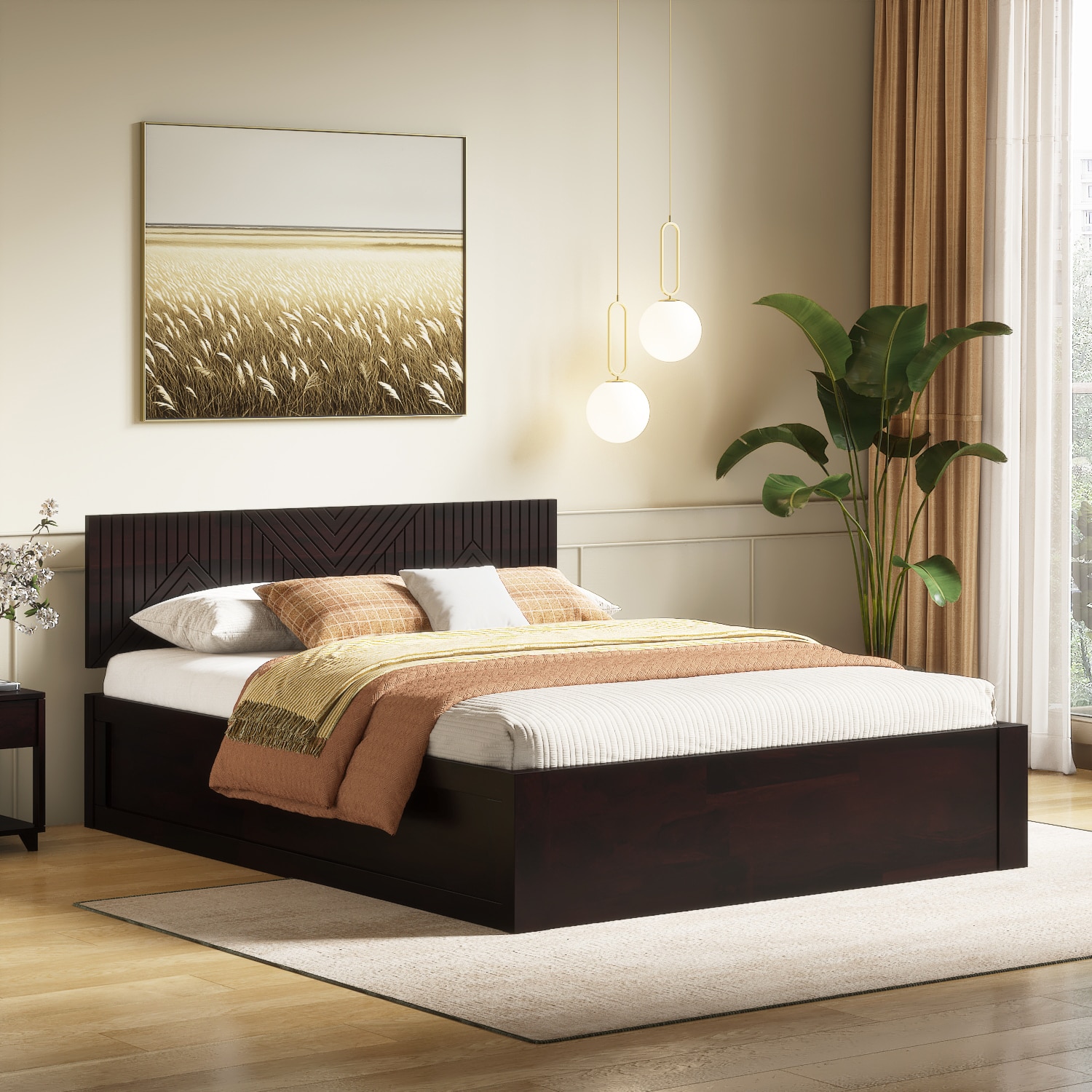 Kuba Solid Wood Queen Size Bed With Box Storage (Mahagony Finish) - Urban Ladder