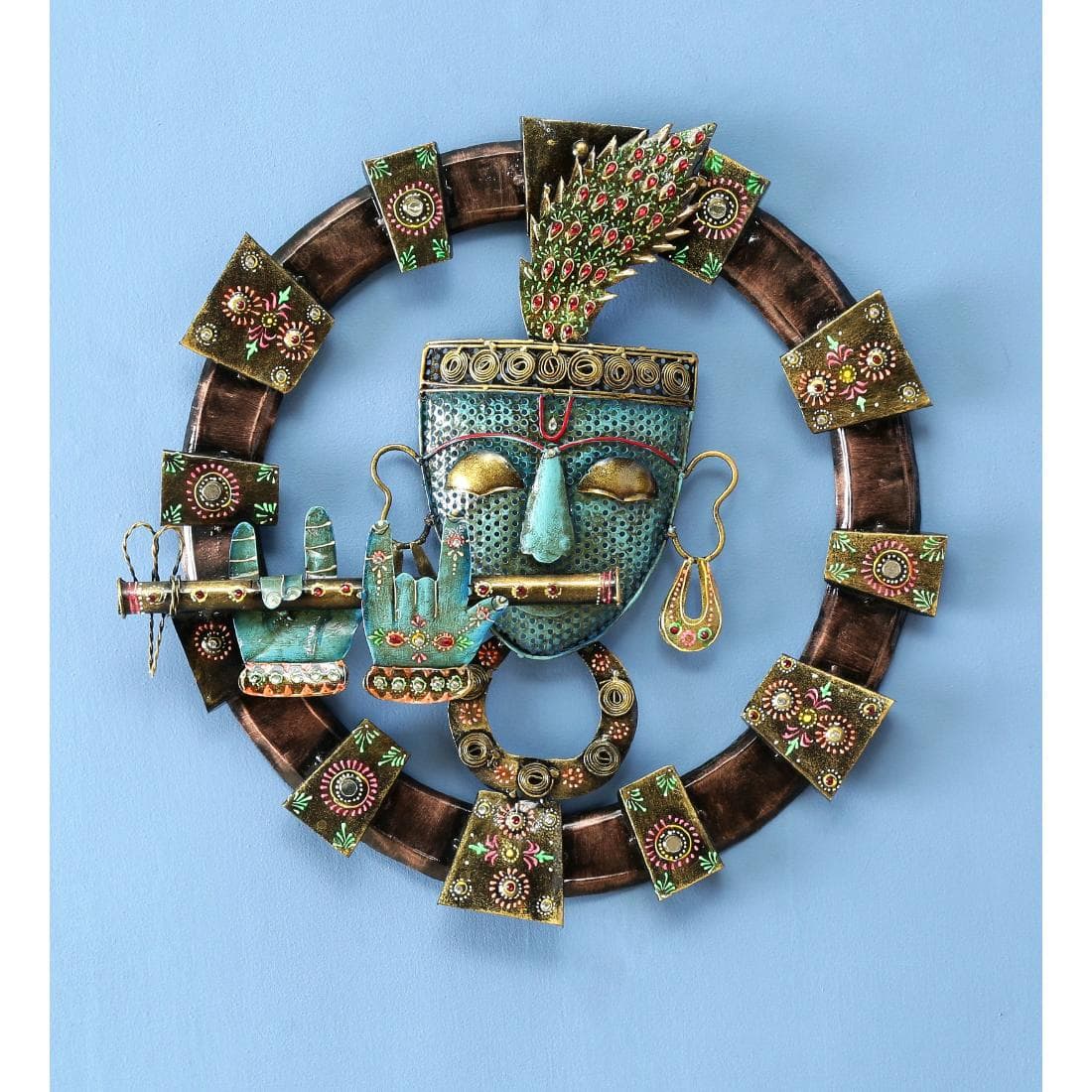 Desert Art Metal Handpainted Lord Krishna Wall Hanging in Blue Colour - Desert Art