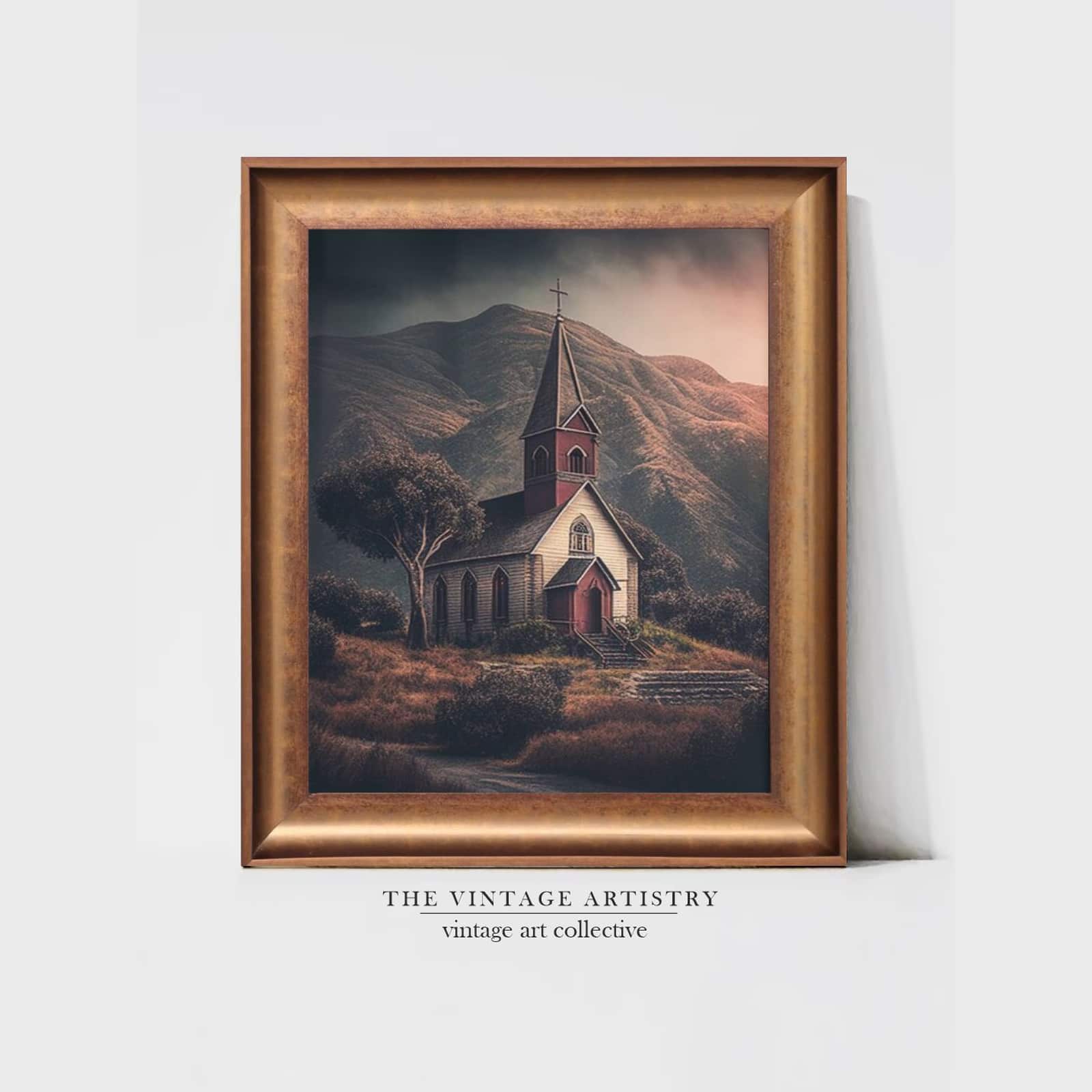 Artistry Brown Green Simple Church Printed Framed Canvas Wall Prints Set of 1 Multicolor Matte