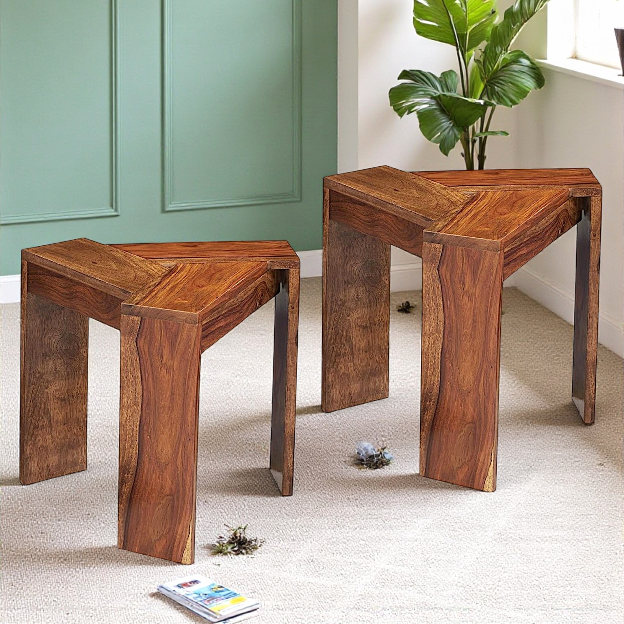 Avina Sheesham Wood Contemporary Triangle Set Of 2 Sidetable  End Table In Natural Teak Finish