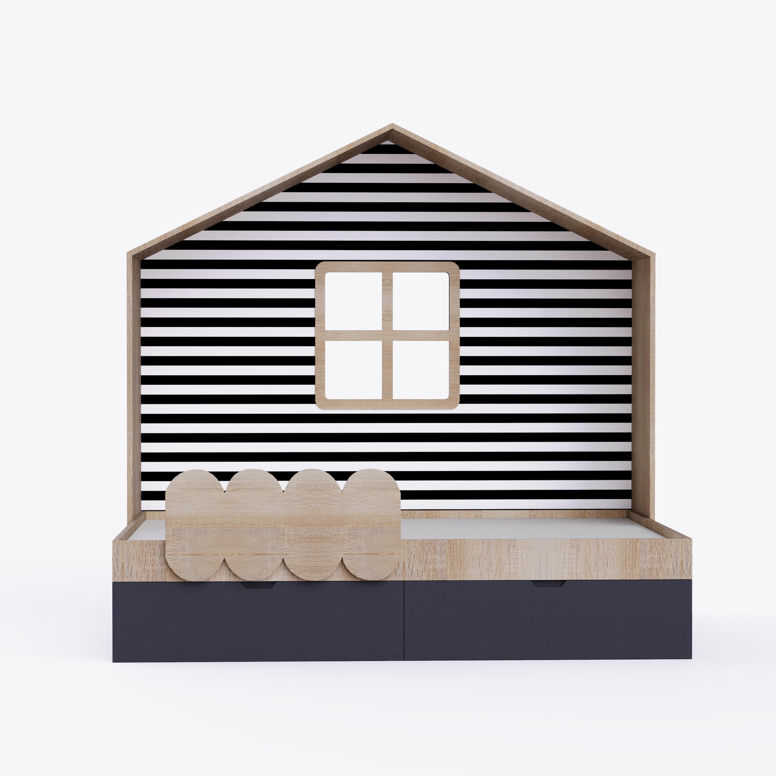 Little Hut Bed 6X4 Drawers On Wheels In Oak and Black Colour62